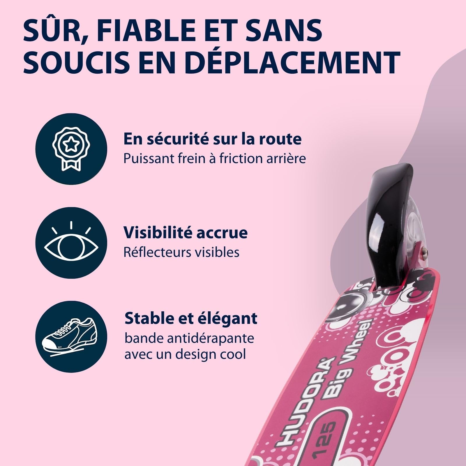HUDORA BigWheel Scooter 125 - rose - Trottinette en aluminium sûre et de haute qualité pour enfants - Réglable en hauteur pour jusqu'à 100kg - Trottinette pliable stable avec sangle de transport