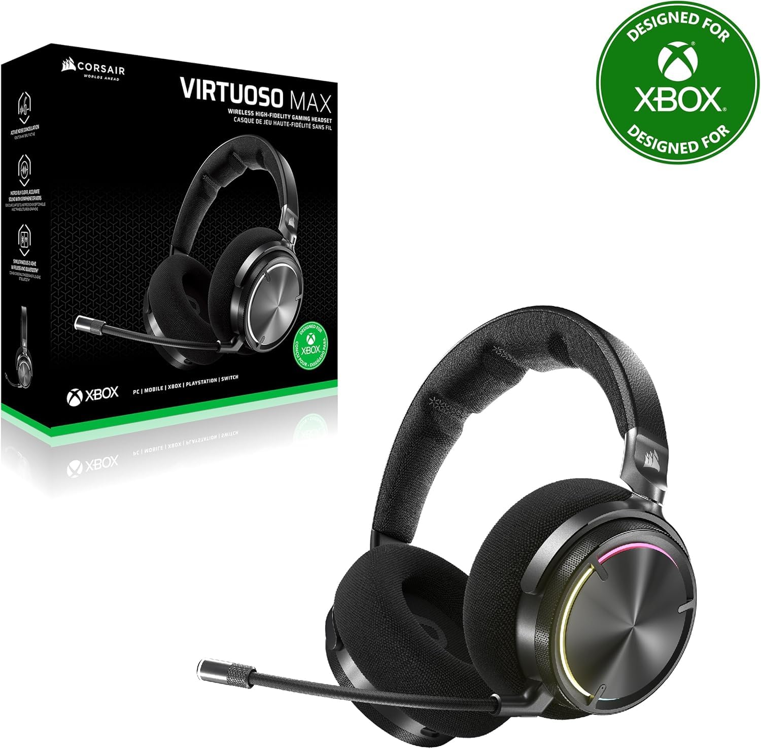 Corsair Virtuoso MAX Wireless para Xbox Auriculares para Juegos – Carbono | Bluetooth, Dolby Atmos, Cancelación Activa del Ruido, Micrófono de Calidad Broadcast, para Xbox, PC, Mac