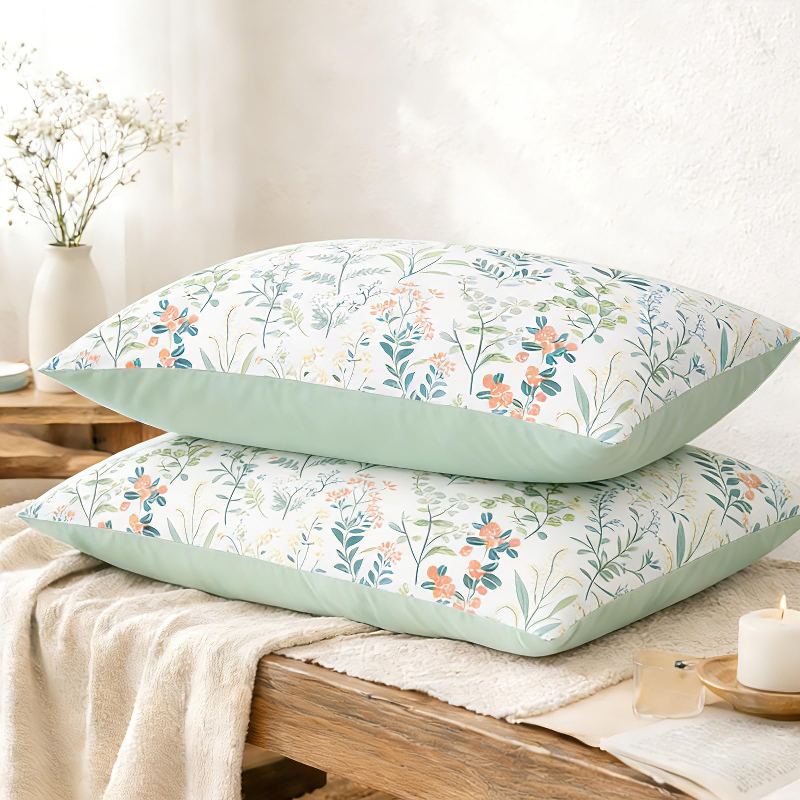 Wotcsil Floral Printed Pillow Cases 2 Pack, Soft Brushed Microfiber Pillowcases Standard Size 50x75cm Pillow Covers Flower Leaves Pattern with Envelope Closure, Green White