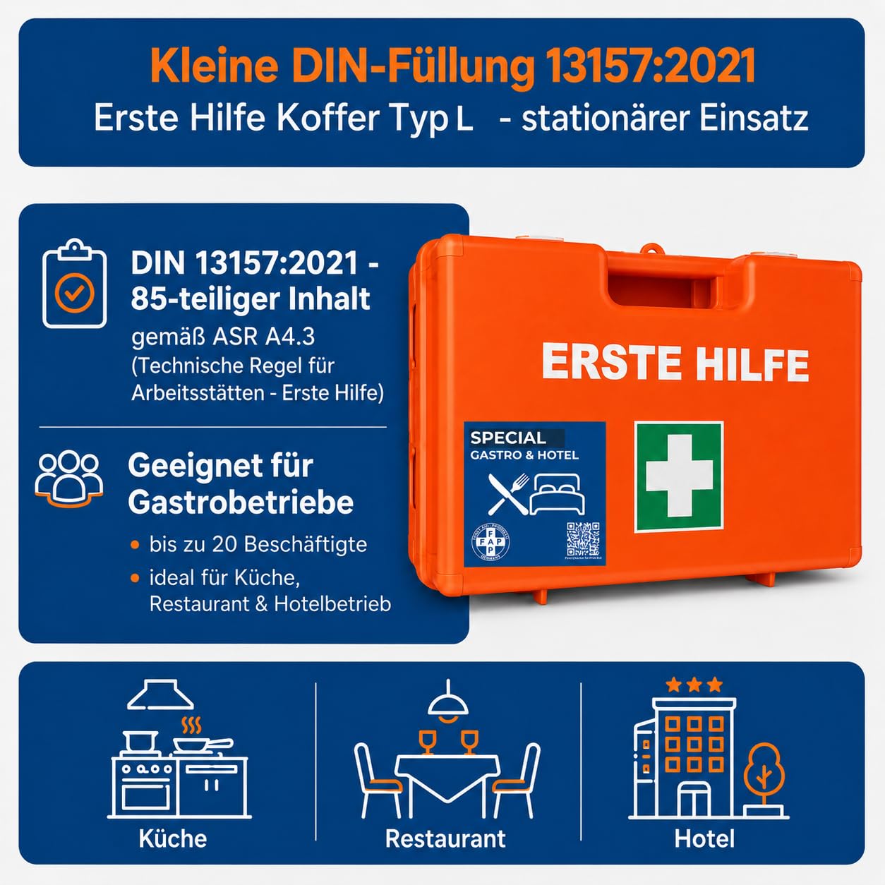 FAP Erste-Hilfe-Koffer Gastronomie Hotel DIN 13157 gefüllt - Orange| Detect-Pflaster HACCP & Burngel | Gastro Küche Restaurant ABS Kunststoff, Betriebsverbandkasten Wandhalterung - 33×42×15 cm