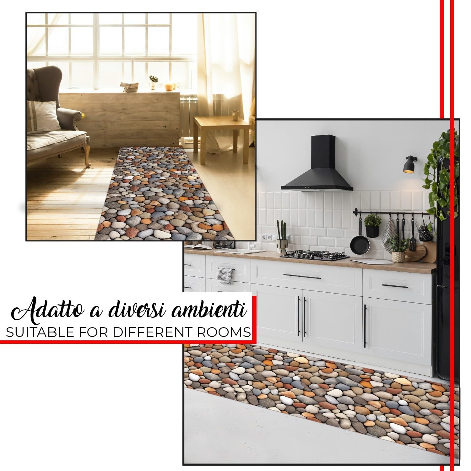 emmevi Tapis de cuisine en caoutchouc PVC imprimé en haute résolution HD anti-taches antidérapant 51 x 340 pierres