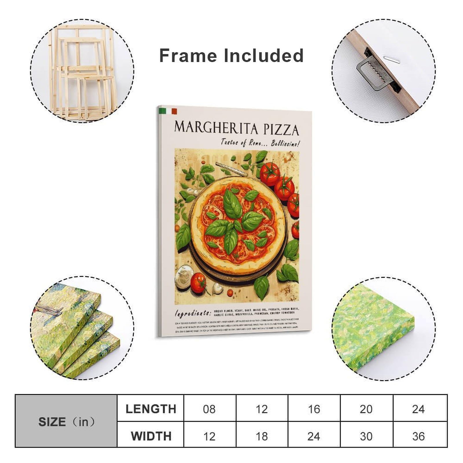 FUPMTKLT Italienisches Margherita-Pizza-Poster, Retro-Restaurant-Poster, italienische Küche, Esszimmer, Poster, 1 Leinwand-Poster, Schlafzimmerdekoration, Landschaft, Büro, Raumdekoration, Geschenk,