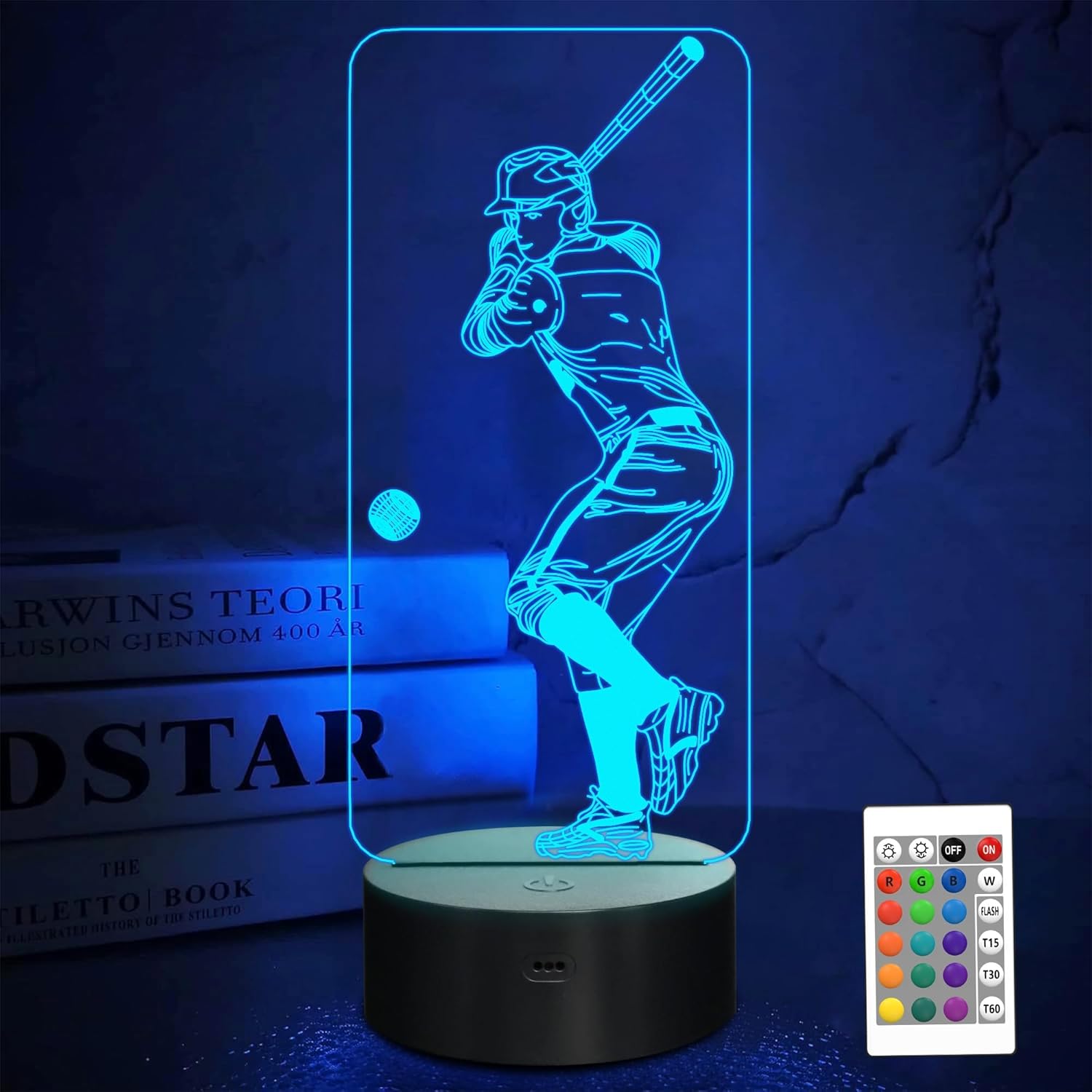 FULLOSUN Baseball 3D Night Light, Sport Gifts Bedside Lamp for Xmas Holiday Birthday Gifts for Baseball Fan with Remote Control 16 Colors Changing + 4 Changing Mode + Dim Function