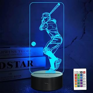 FULLOSUN 3D Baseball Night Light Lamp - Remote Control, 16 Colors, Dimmable Timer, Eye-Safe LED for Fans, Kids Bedroom Decor & Gifts