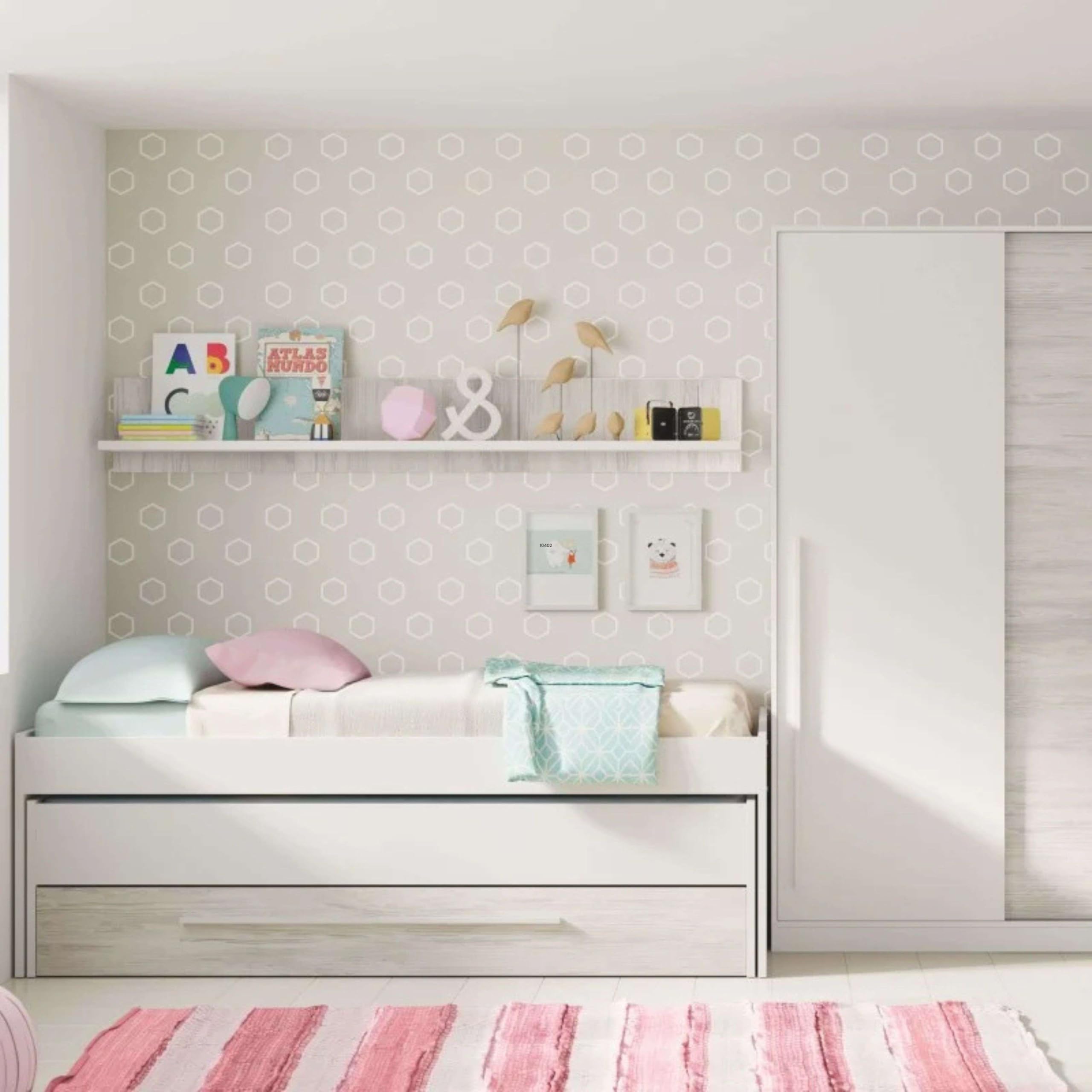 Dmora - Letto per bambini Sunnyvale, Struttura letto per cameretta, Letto singolo con lettino estraibile, cassettone e mensola, 199x96h65 cm, Bianco
