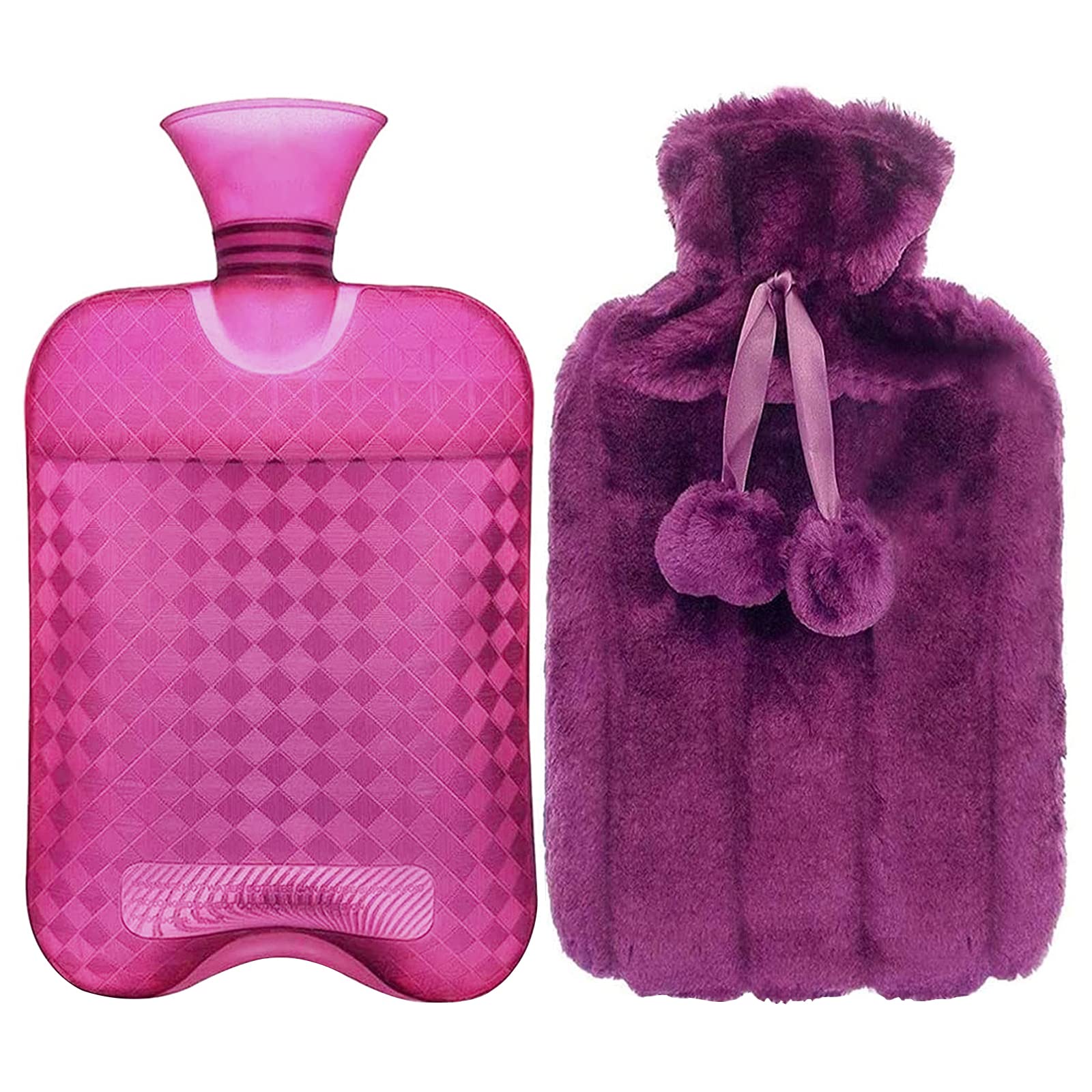 Newthinking Hot Water Bottles with Cover, 2L Large Hot Water Bottle with Fluffy Cover, PVC Clear Hot Water Bag for Warm Pain Relief and Cold Heat Therapy (Purple)