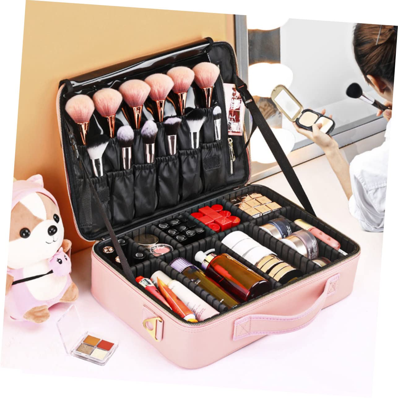 minkissy Schminkbeutel Damen als Schminkkoffer Make Up Organizer aus Pu Leder mit Verstellbaren Fächern und Reißverschluss für Zuhause und Arbeit