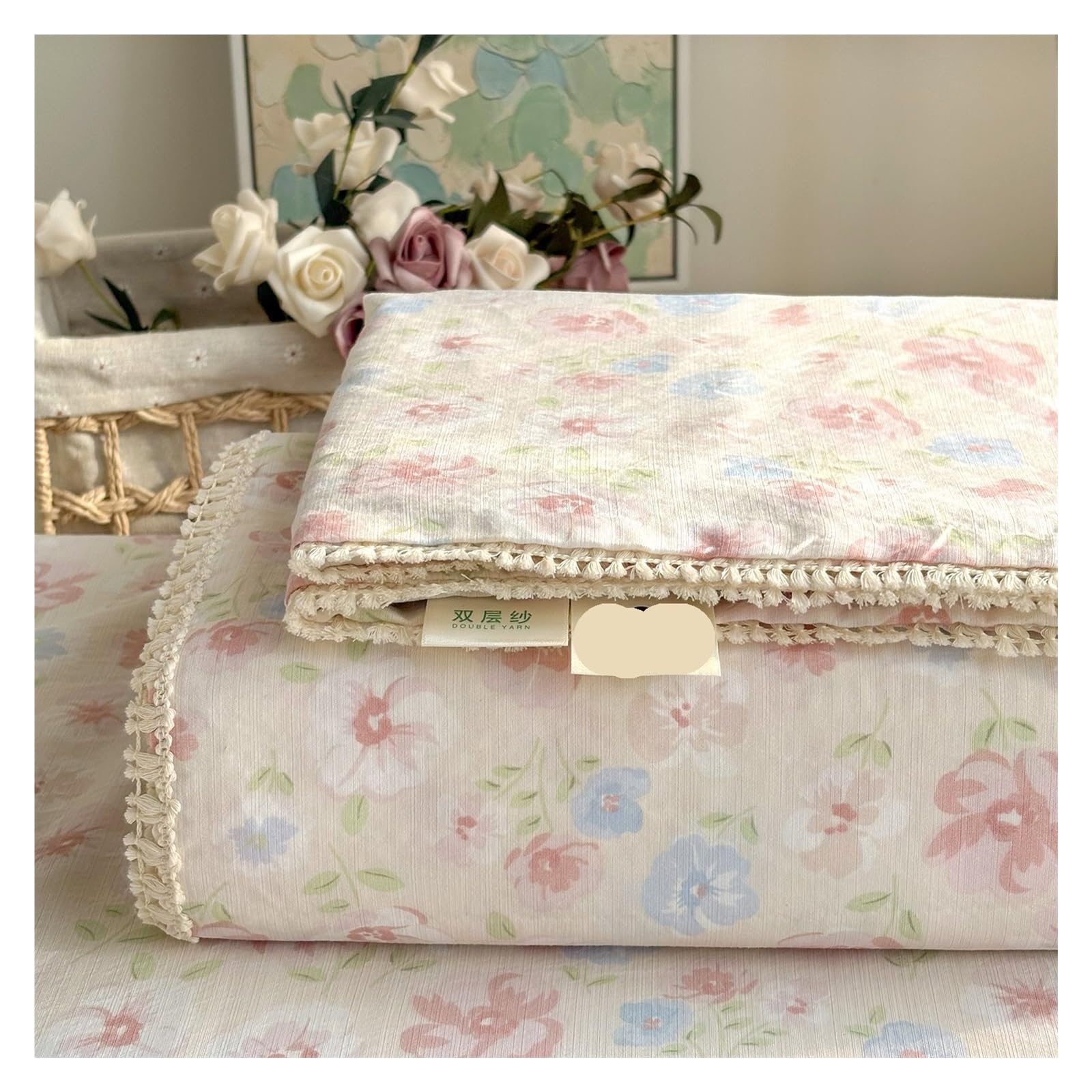 Spring Summer Floral Print Double Gauze Bed Sheet With Fringe Lace Trim(Fog strand,200x230cm Twin)