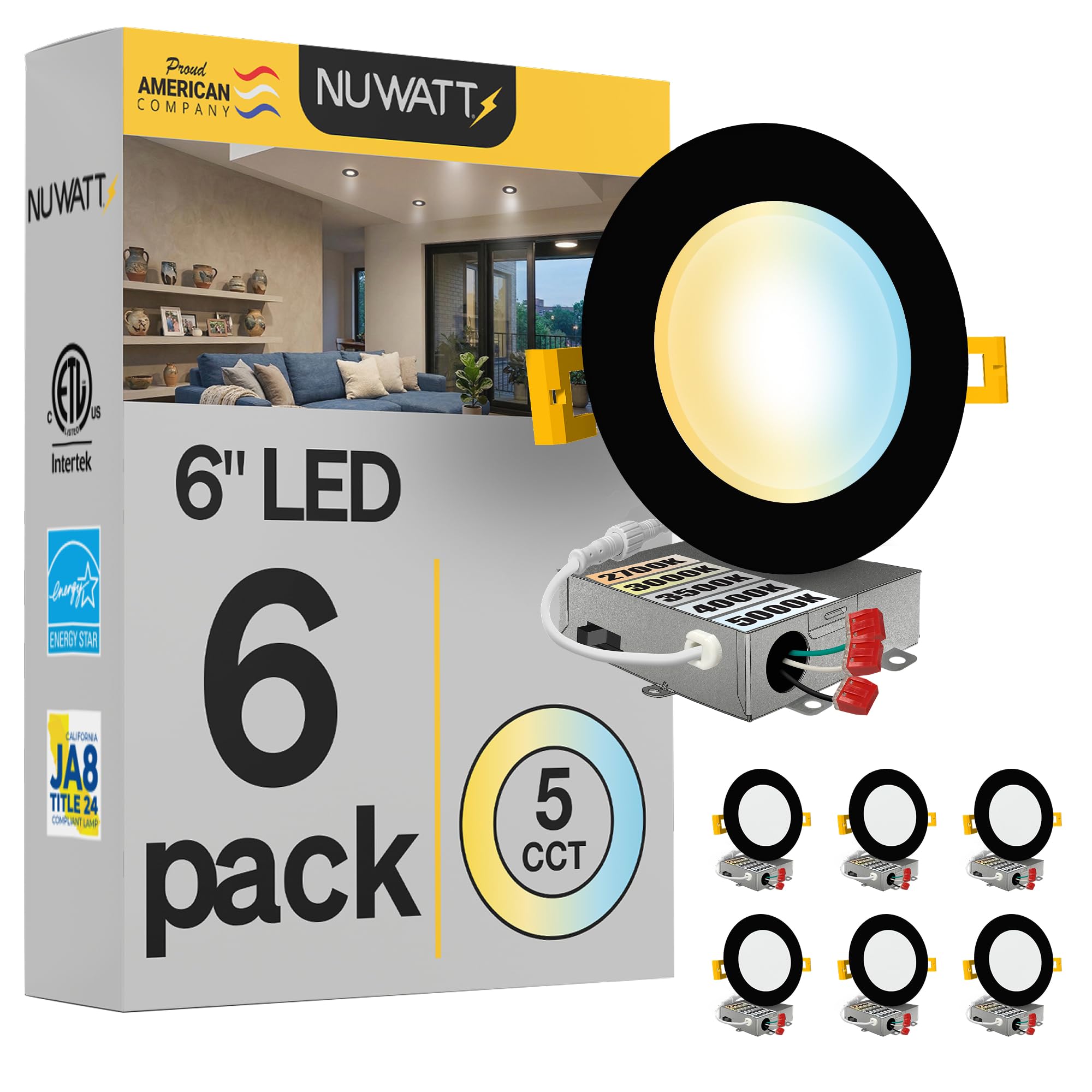 NUWATT 6 Pack, 6 Inch Ultra Thin Black LED Recessed Lighting, 5CCT 2700K/3000K/3500K/4000K/5000K Selectable, High Brightness 1050 Lumens, Dimmable