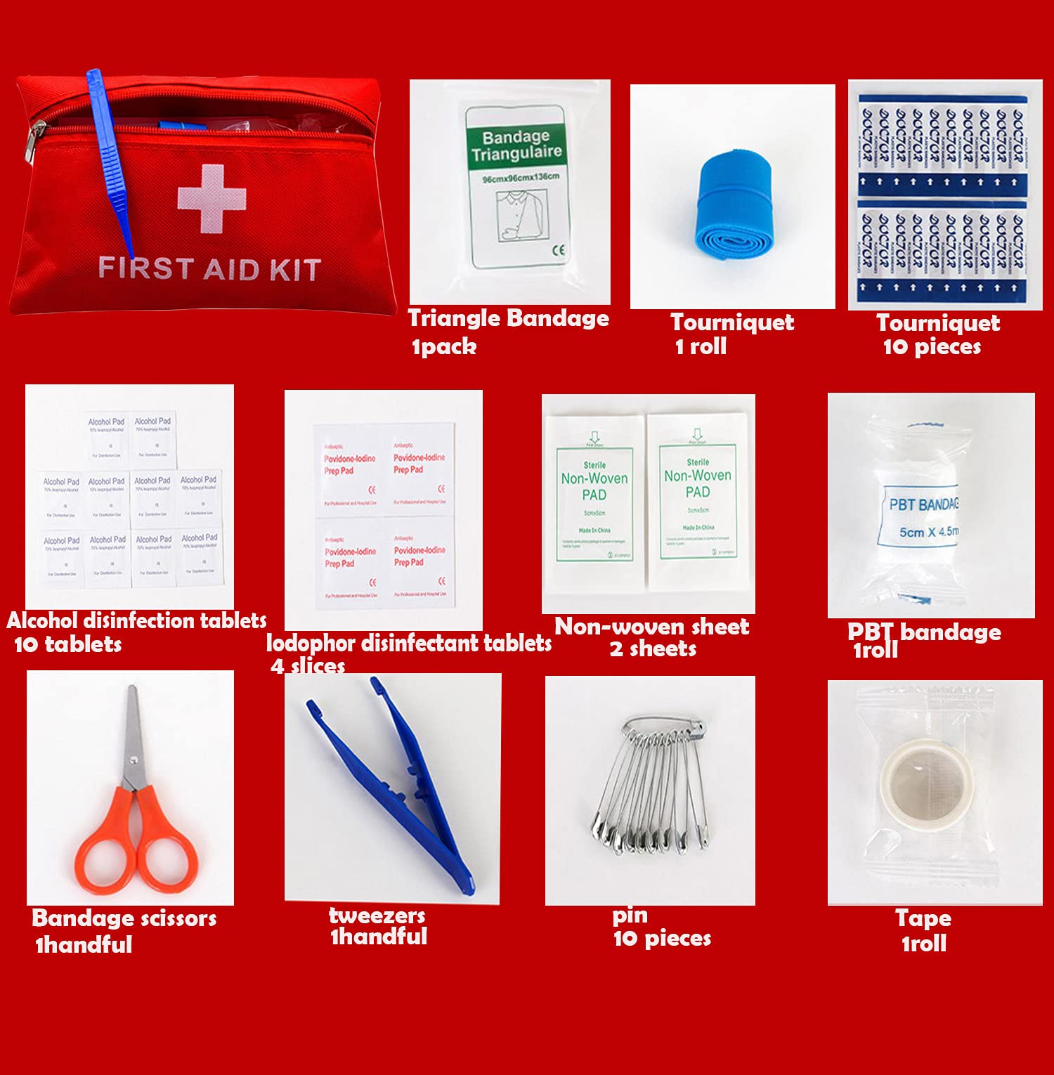 Kit di primo soccorso compatto, astuccio medico di emergenza rosso con bende, forbici, pinzetta, 7,9 x 5,1 cm, 12 articoli essenziali