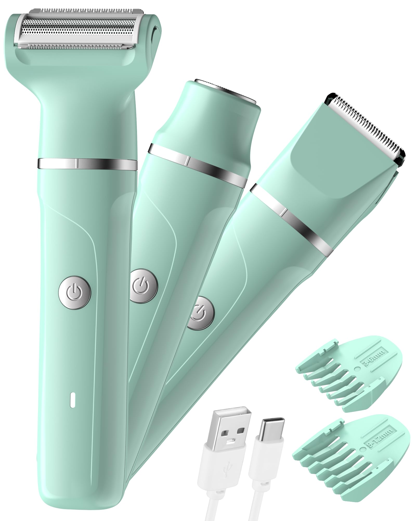 Rasierer Damen,3-In-1 Intimrasierer für Frauen,Gesichtshaarentferner für Frauen,Damenrasierer Elektrisch für Beine, Arme, Achseln und Bikinizone,Wiederaufladbarer Ipx7 Wasserdicht Trimmer Damen, Grün
