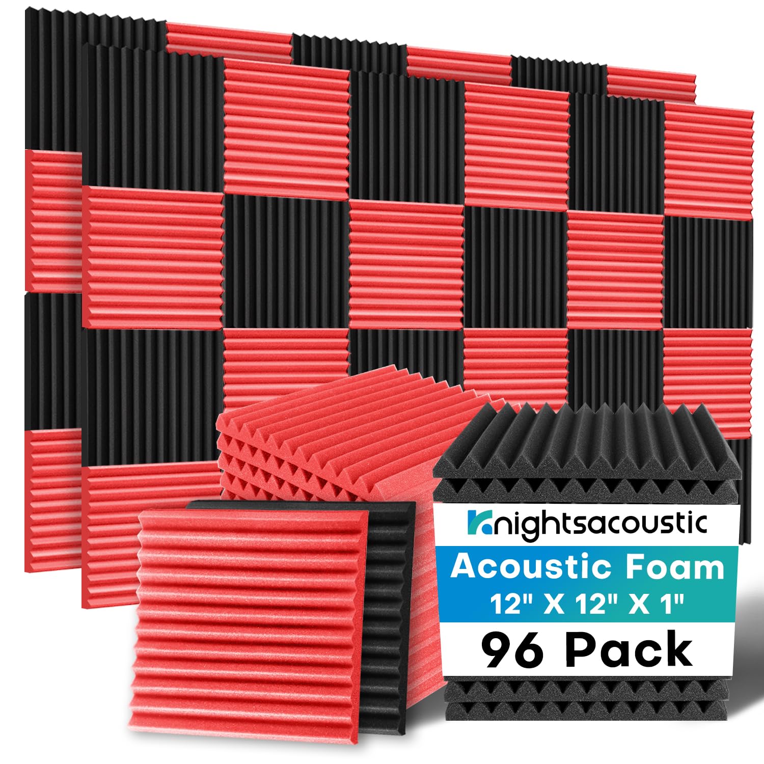96 Pack Sound Proof Foam Panels for Walls, 1 X 12 X 12 Inches Acoustic Foam Panels, High Density Acoustic Panels Sound Absorbing, Noise Cancelling Studio Wedges Red + Black (NOT INCLUDE ADHESIVE)