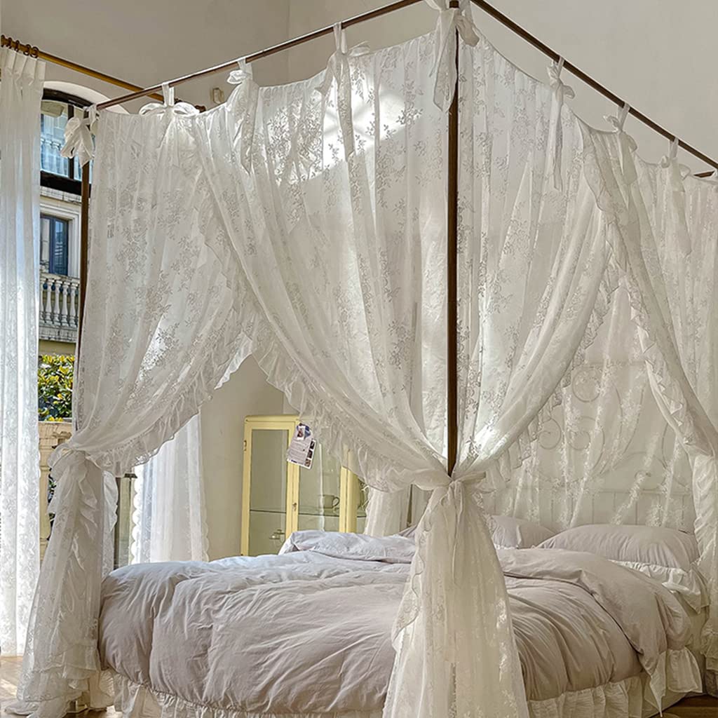 Eleganter Spitzen-Prinzessin-4-Eckpfosten, romantisch für Mädchen und Frauen, Bettvorhang, Baldachin für Erwachsene, Hochzeit, Schlafzimmer, Kinderzimmer, Dekoration (Typ 3, Beige-Weiß, Voll