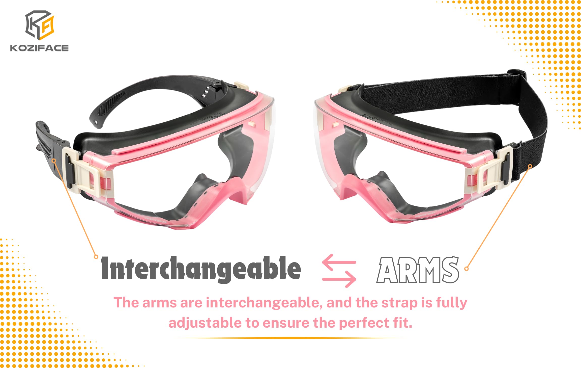 Koziface S60Z Lunettes de sécurité pour homme et femme avec sangle élastique réglable 2 façons de porter la protection certifiée Noir Rose Résistance aux chocs de laboratoire Anti-buée, poussière et