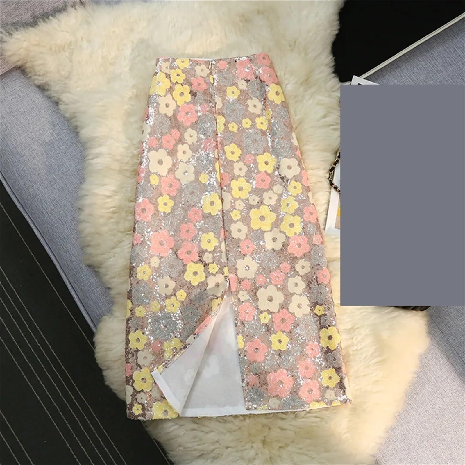Falda Midi con Lentejuelas y Flores, Cintura Alta, Bordada, Floral, Corte A, Ropa de Verano for Mujer