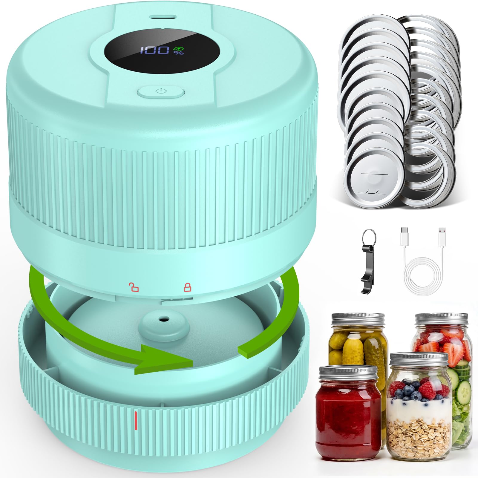 Vakuumierer für Gläser | Elektrisches Mason Jar Vakuum Sealer für Breite und Normale Öffnung | Tragbares Vacuum Sealer Machine | Geschenke für Sie, Mama, Oma, Seladon Blau-Grün