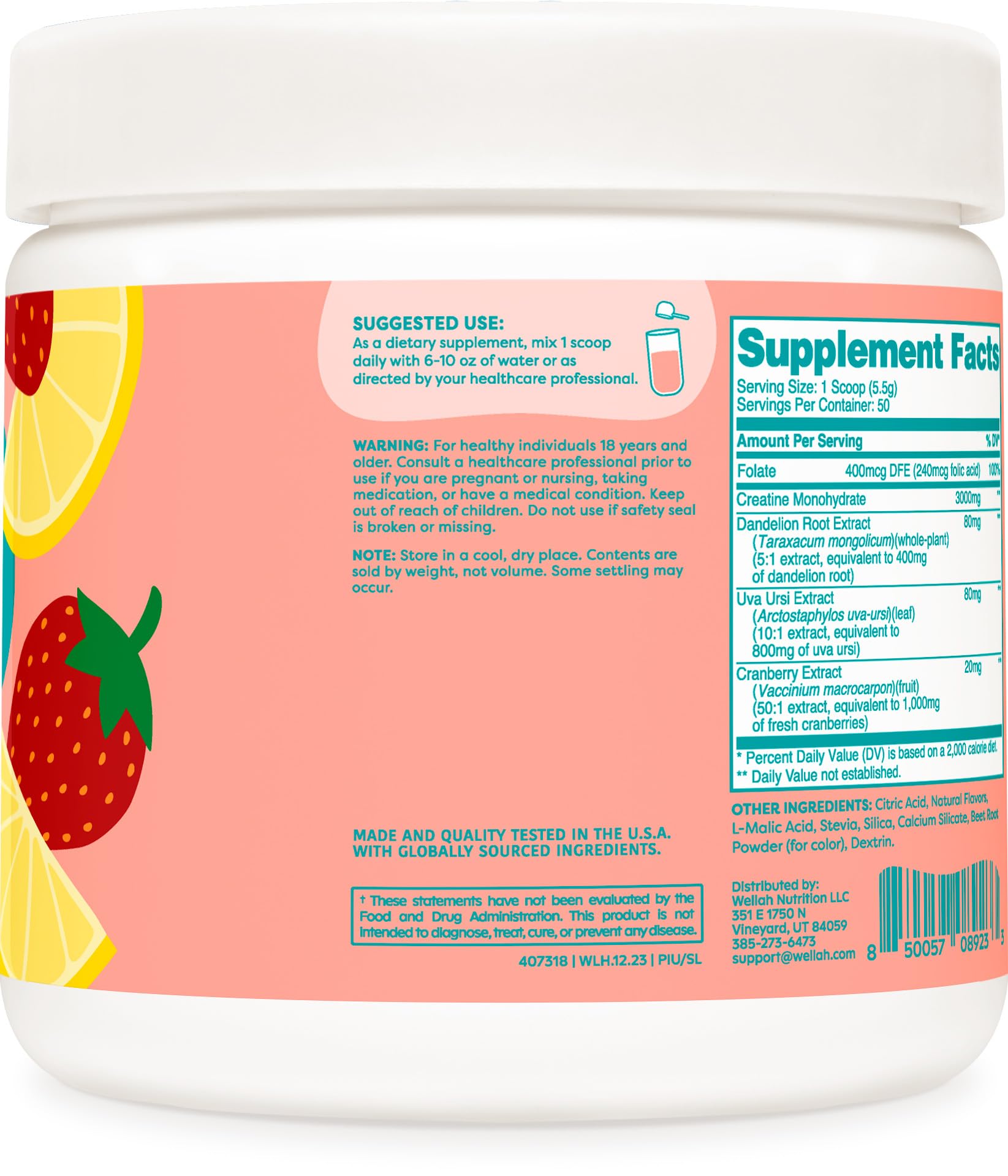 Wellah Creatine for Women - Creatine Monohydrate with Dandelion & Cranberry Extract (50 Servings, Clementine Peach)