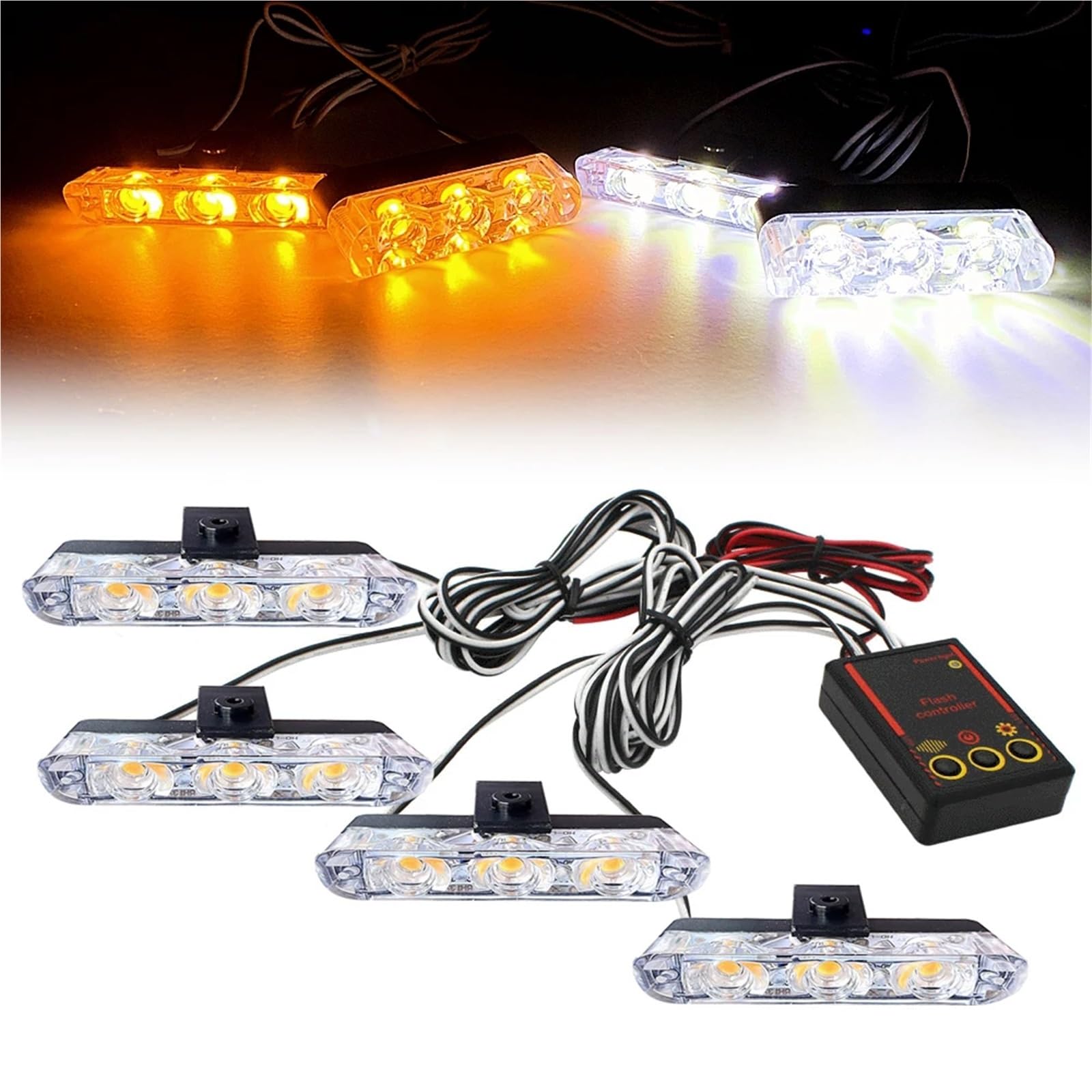 Luz estroboscópica for parrilla de coche de 12 V con 4x3 LED, minilámpara intermitente, luces de circulación diurna, luces de emergencia policiales, baliza.(Yellow White)