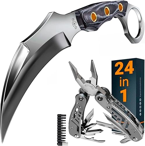 Cuchillo táctico con funda y mango de micarta, cuchillo pequeño de hoja fija, multiherramienta 24 en 1 con mini herramientas y alicates de cuchillo