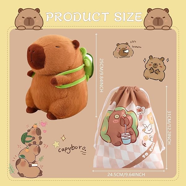 Capybara Peluche, 25cm Capybara Peluche Bambola, Capibara Plush Con Zaino Tartaruga, Morbido E Carino, Realistico Animale Peluches Capibara, Compleanno Regalo Per Ragazzi Ragazze - 2