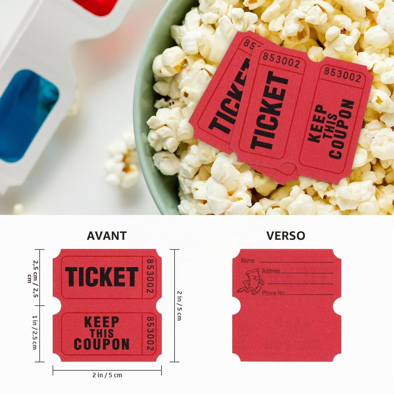 Ticket Lot de 1000 Tickets de Tombola Rouges de Papier avec Numéros Consécutifs pour Événements, Carnavals, Prix de Porte, Boissons et Plus
