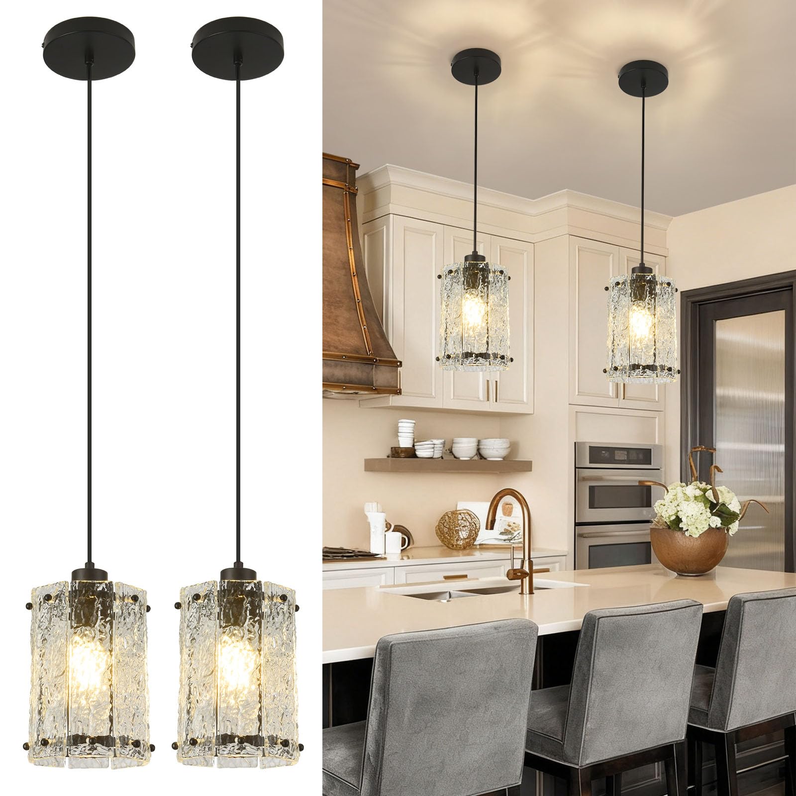 Photo 1 of RQKUACOB Black Pendant Lights Kitchen Island 2 Pack Modern Water Ripple Glass Pendant Lights Fixtures Round Adjustable Hanging Pendant Lighting for Kitchen Island Dining Room Over Sink Table Entryway