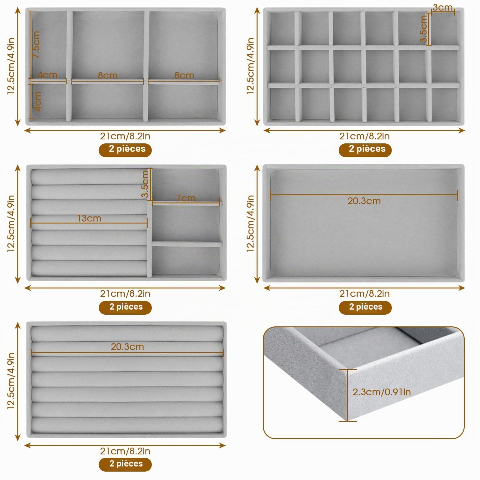 10 Rangements Bijoux Tiroirs Organiseur, Plateau Rangement Bijoux pour Bague/Collier/Bracelet, Rangement Bijoux Tiroir pour Ranger/Stocker/Afficher des Bijoux, 5 Style - Gris