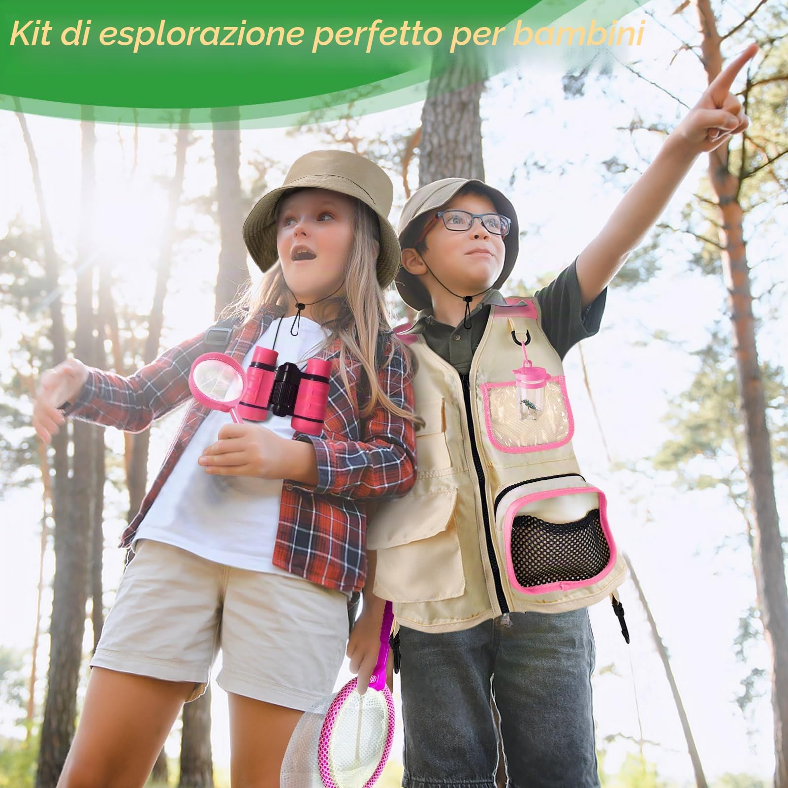 Set di esplorazione per bambini, con gilet cappello e binocolo per bambini, attrezzatura da campeggio con kit di esplorazione per coleotteri, ottimo giocattolo da