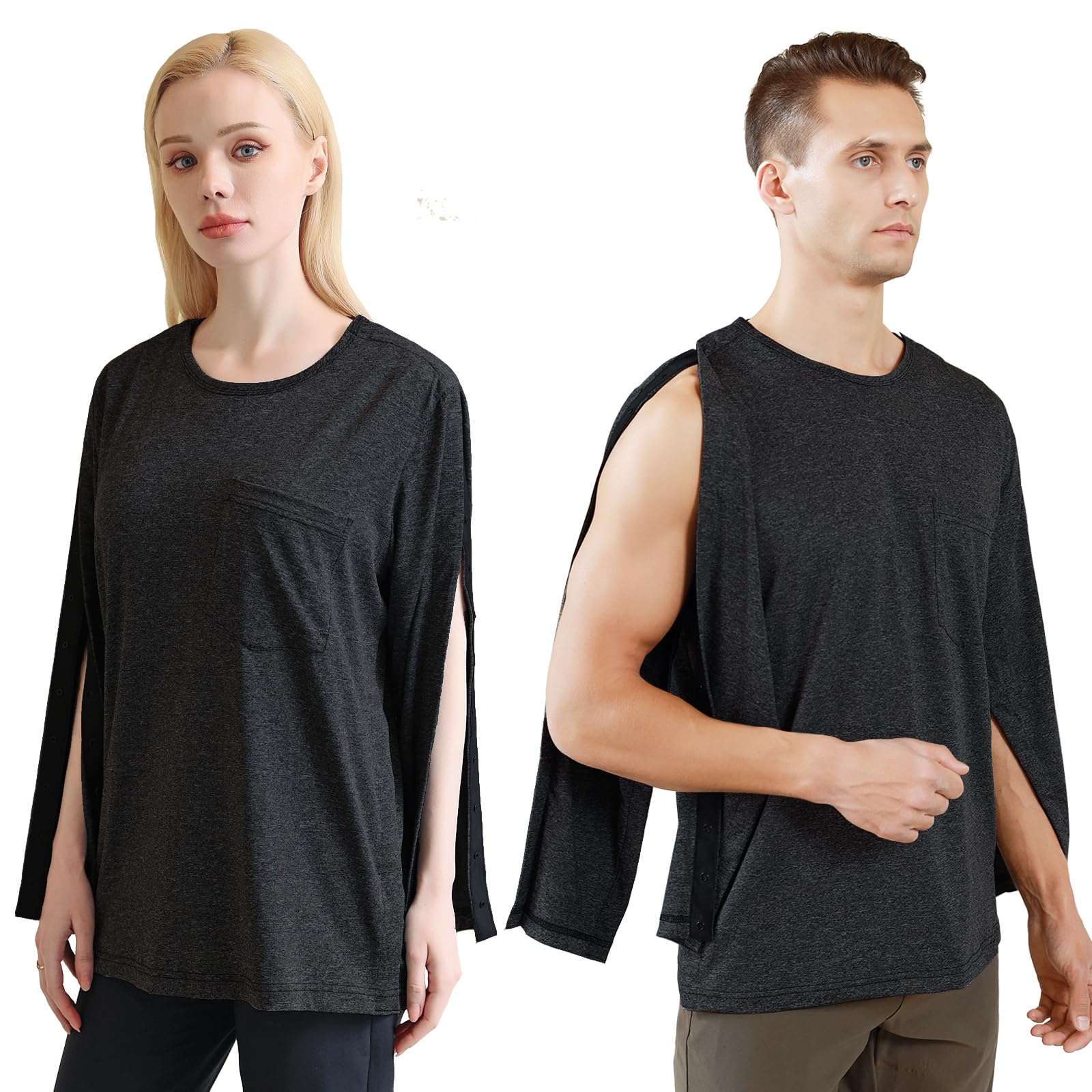 YOSINISO Post Shoulder Surgery Shirts Long Sleeve Chemo Shirts for Port Access Unisex Crewneck Tear Way Rehab Recovery T-Shirt with Right & Left Side Snaps Arm Open Dialysis Clothing