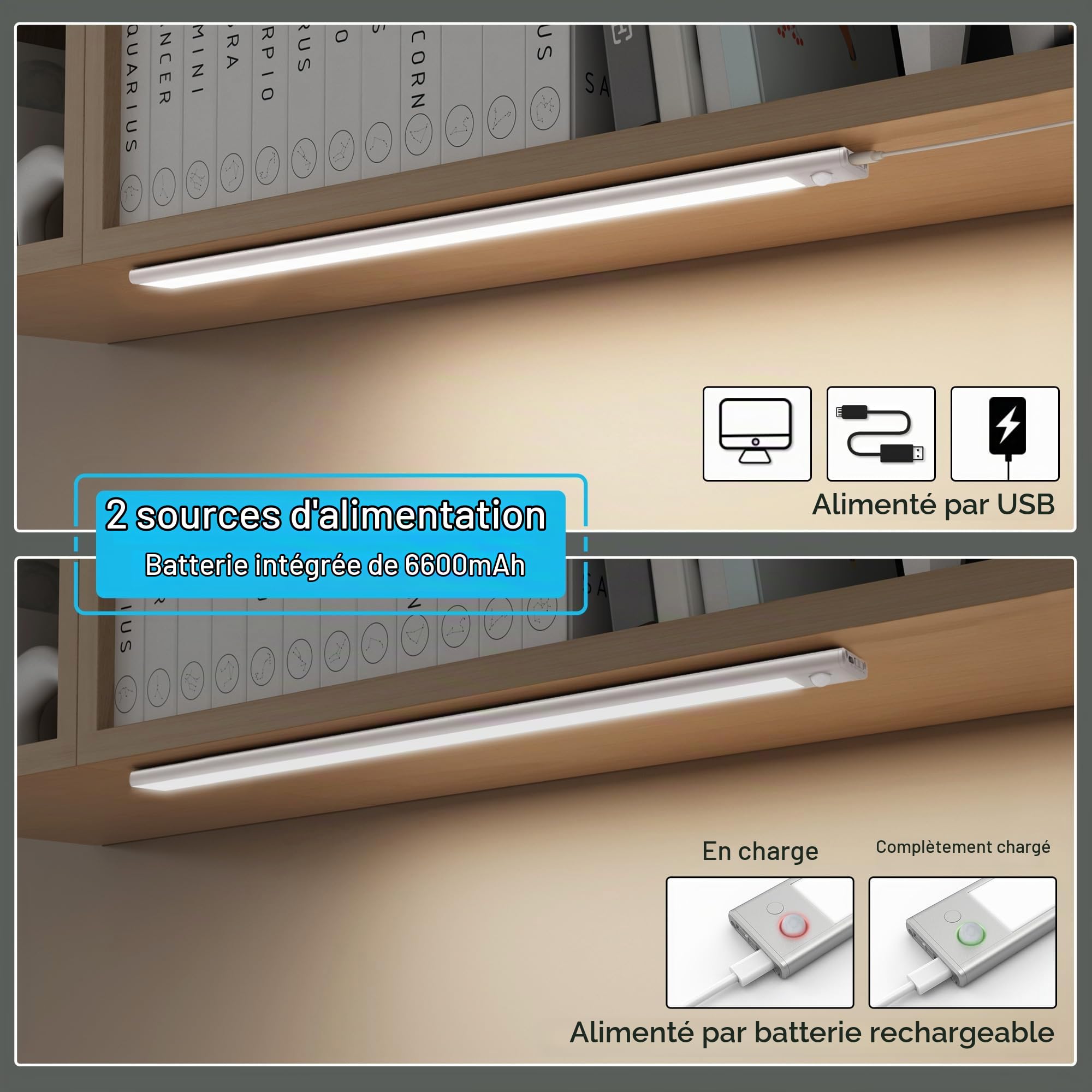 Led Lampe Dimmable de Placard 80cm, Applique Murale sans Fil avec Détecteur de Mouvement Interieur, Réglette Led Rechargeable sous Meuble Cuisine à 3 Modes d'Eclairage