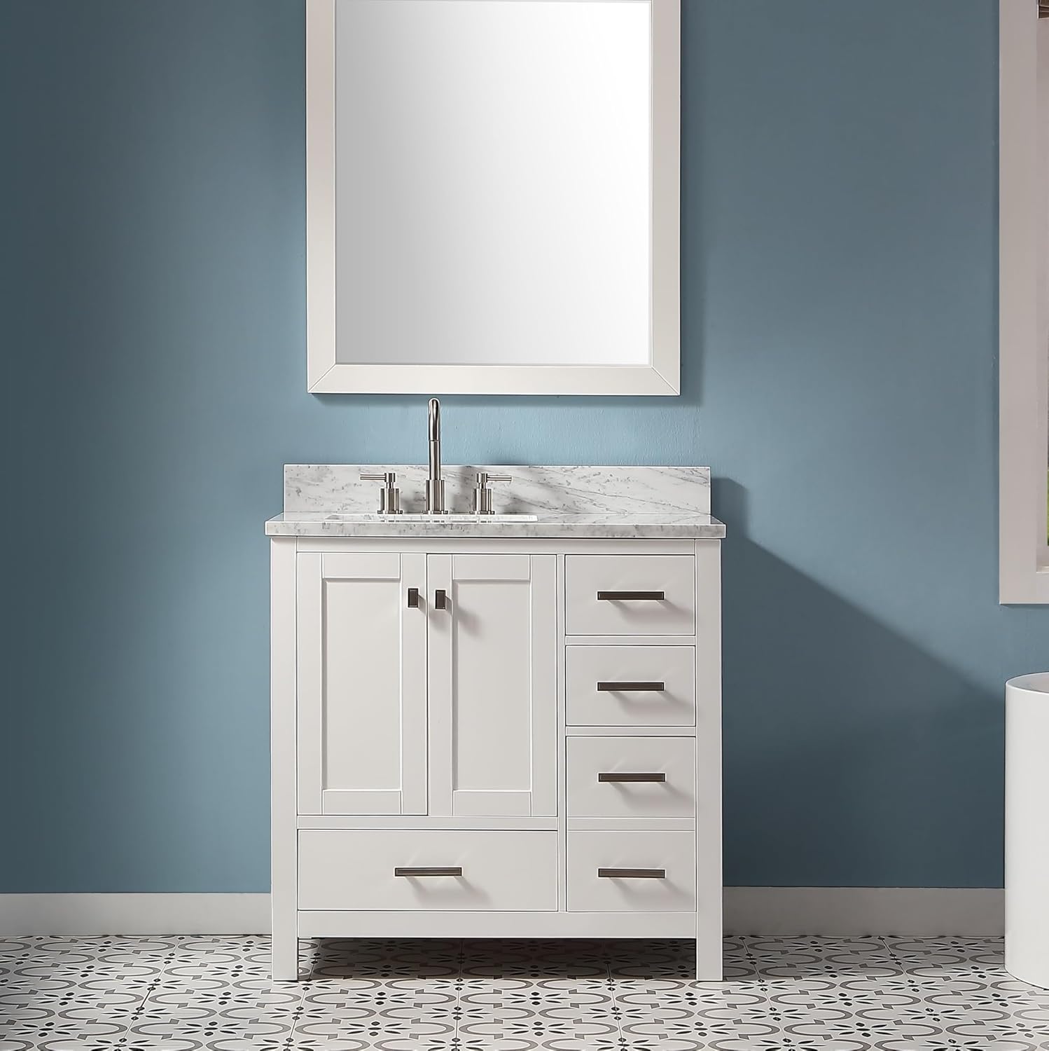 Pre-Assembled Bathroom Vanity Set with White Quartz Countertop&Back Splash (White, 36 Inches)