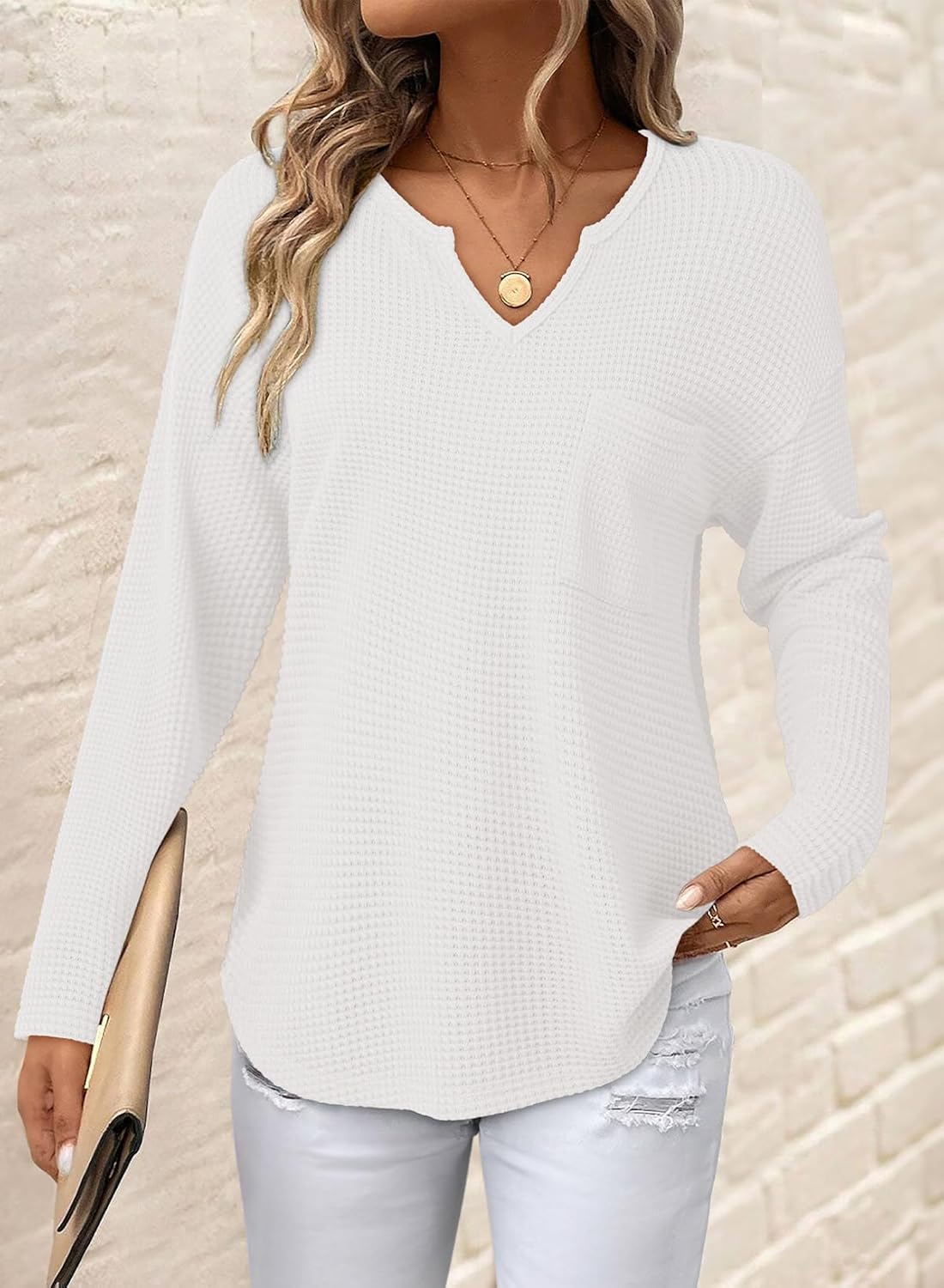 Dokotoo Womens Tops Waffle Knit Long Sleeve Notched V Neck Shirts Casual Trendy Solid Color Loose Blouses - Image 3