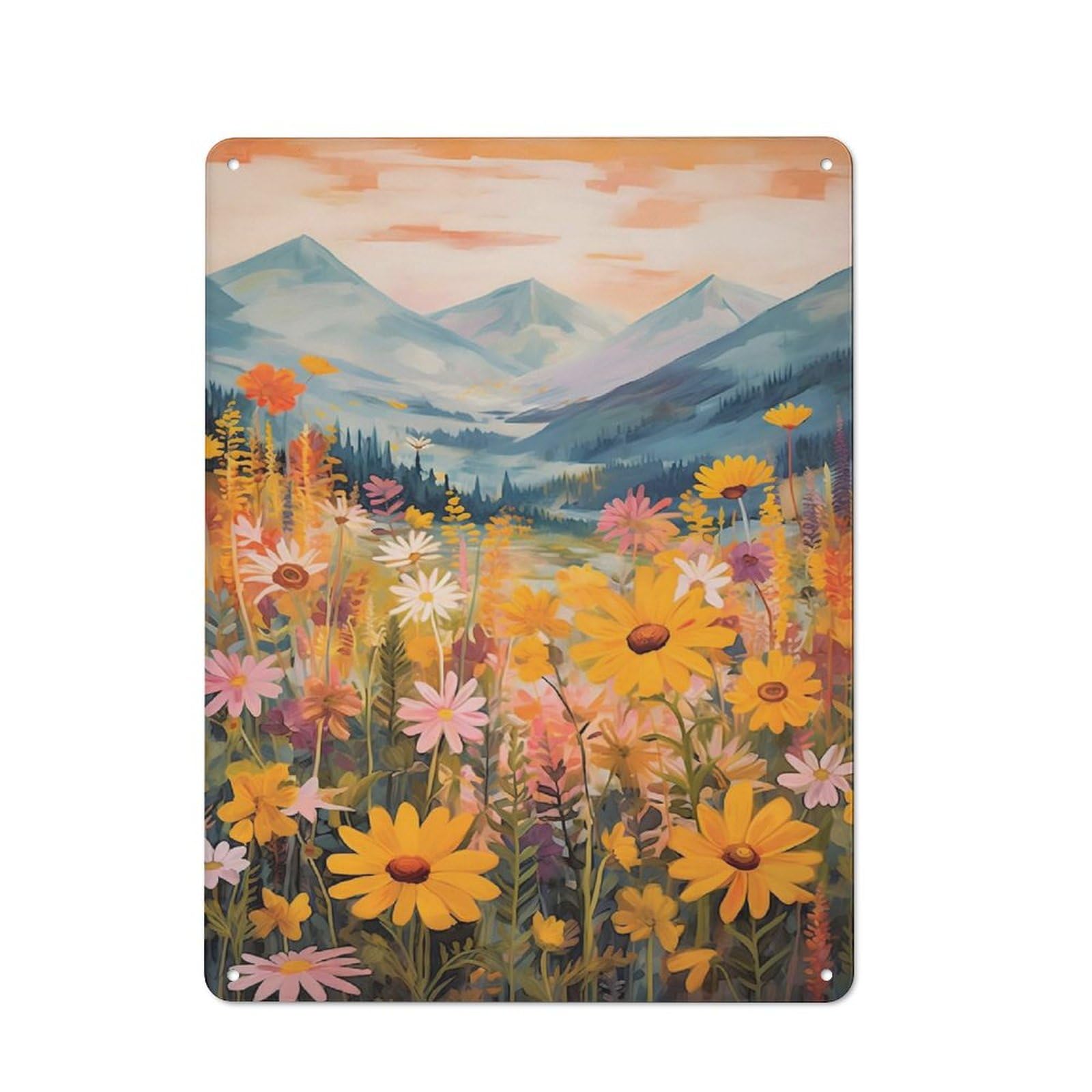 ACDOET Rustic Metal Tin Sign Daisy Wildflower Mountain Landscape Poster Sunset Mountain Pink Orange Daisy Flower Wall Landscape Art Prints, Landscape Wall Decor, Botanical Posters 12x16 Inch