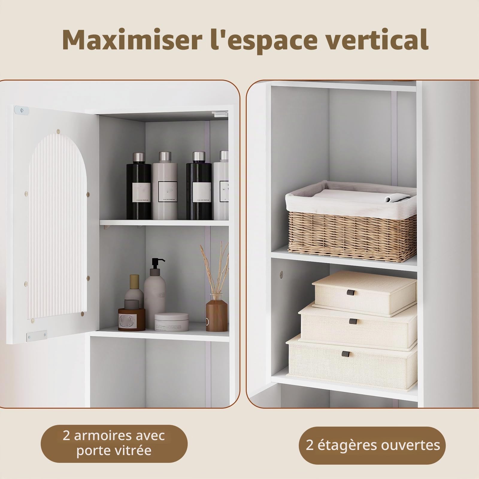 GIANTEX Meuble Colonne Salle de Bain, Armoire Étroit Autoportante 180 cm avec Étagères Réglables, Compartiments Ouverts, Portes en Verre Trempé, Meuble de Rangement pour Salon, Cuisine, Blanc