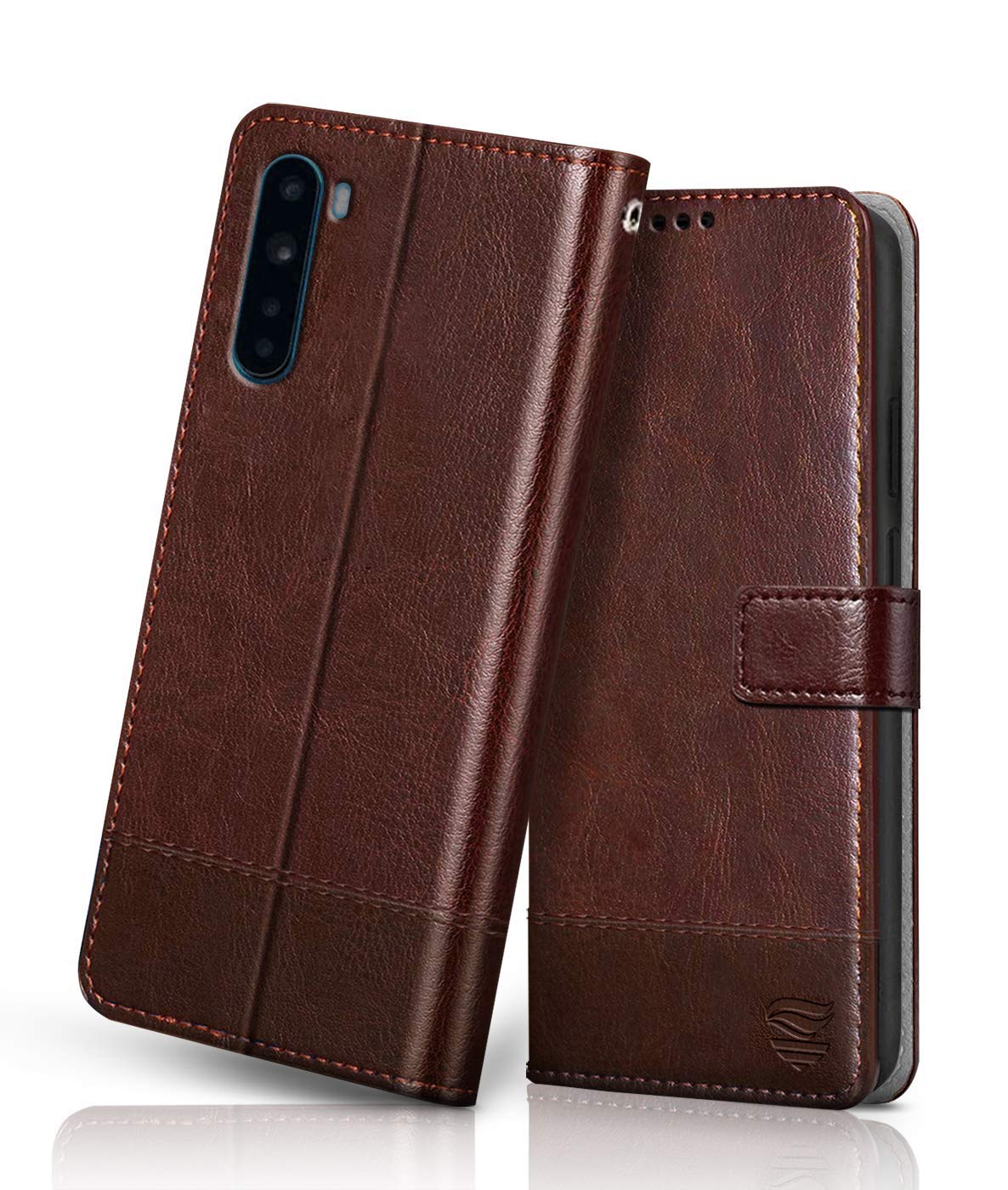 FLIPPED Vegan Leather Flip Case Back Cover for 1+ OnePlus Nord (Flexible, Shock Proof | Hand Stitched Leather Finish | Card Pockets Wallet & Stand | Tan with Brown)