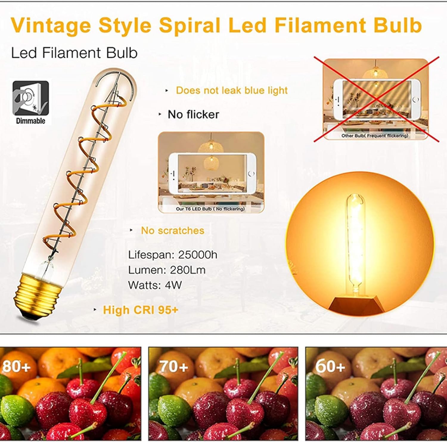 Lampadine tubolari a LED T30 3W equivalenti a 30W, 2200k Giallo caldo 300 lumen Lampadine Edison con filamento a spirale dimmerabili, base standard in vetro ambrato