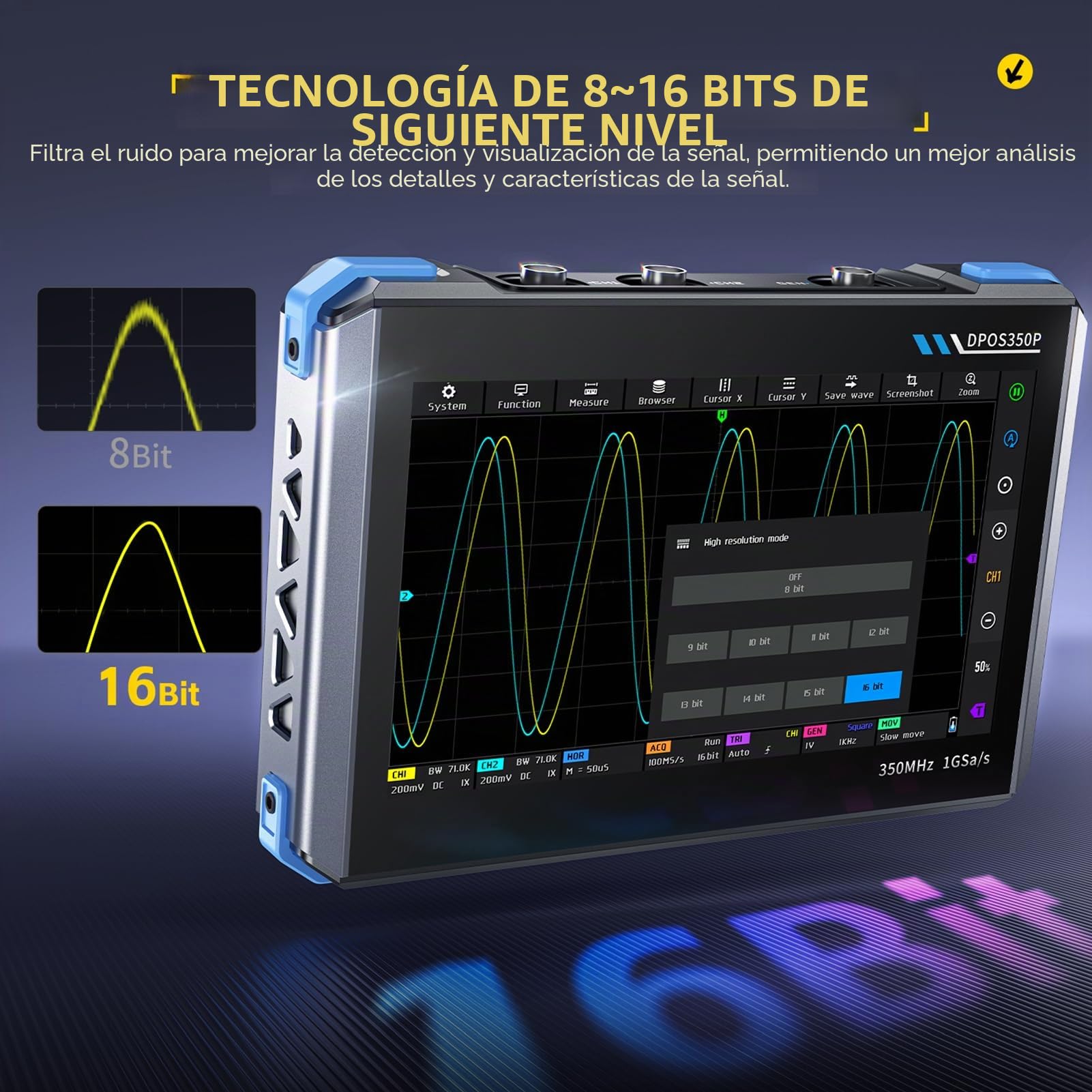 DPOS350P 4 en 1 Osciloscopio/Generador de señales/Analizador de espectros/Analizador de respuesta en frecuencia, con frecuencia de muestreo en tiempo real 1GSPS, Pantalla táctil IPS de 7