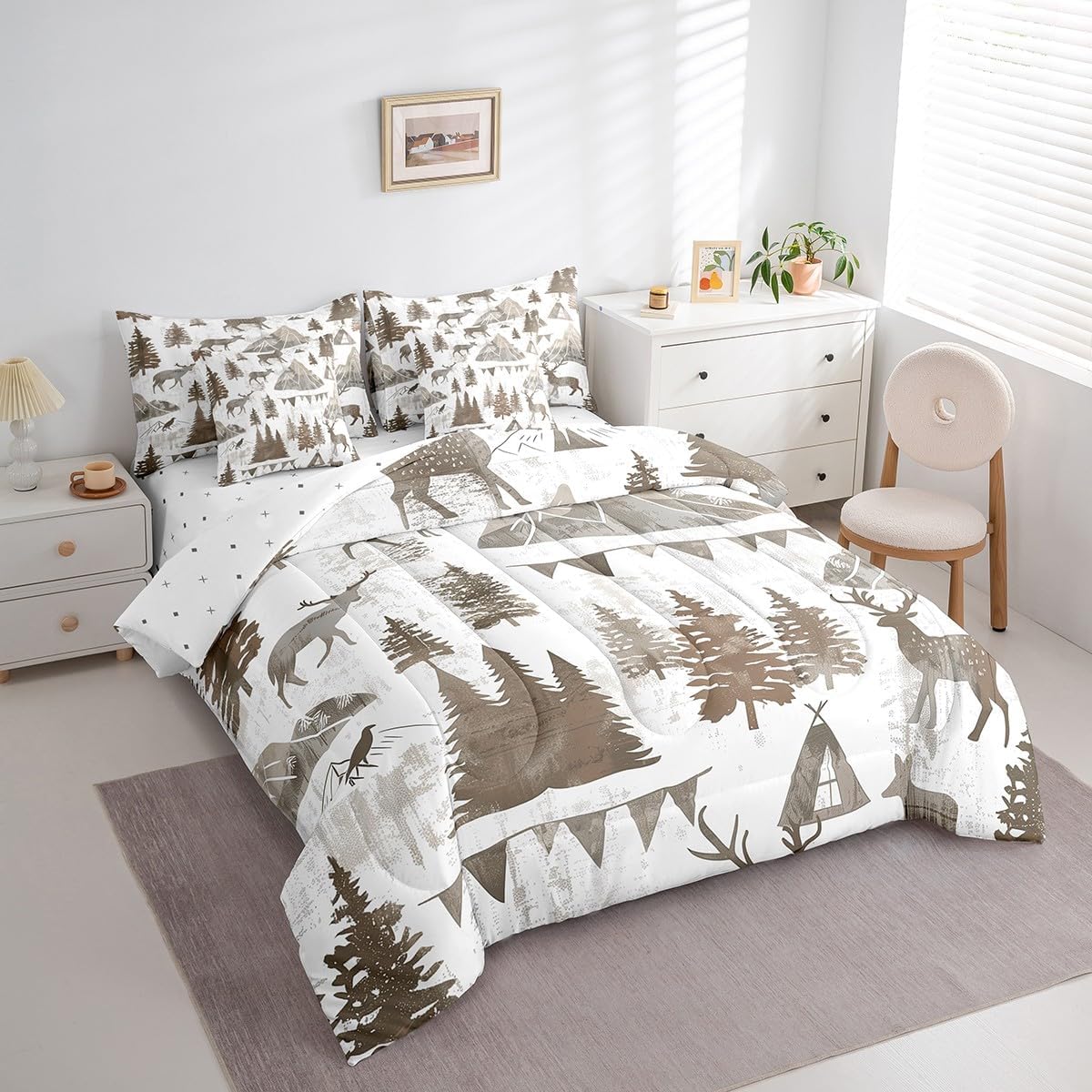 Feelyou Rustic Deer Comforter Set King Size 7 Pieces, Brown Trees Deer Bedding Set for All Season, Farmhouse Wild Animal Bed in a Bag with Comforter, Sheets, Pillowcases & Cushion Cover