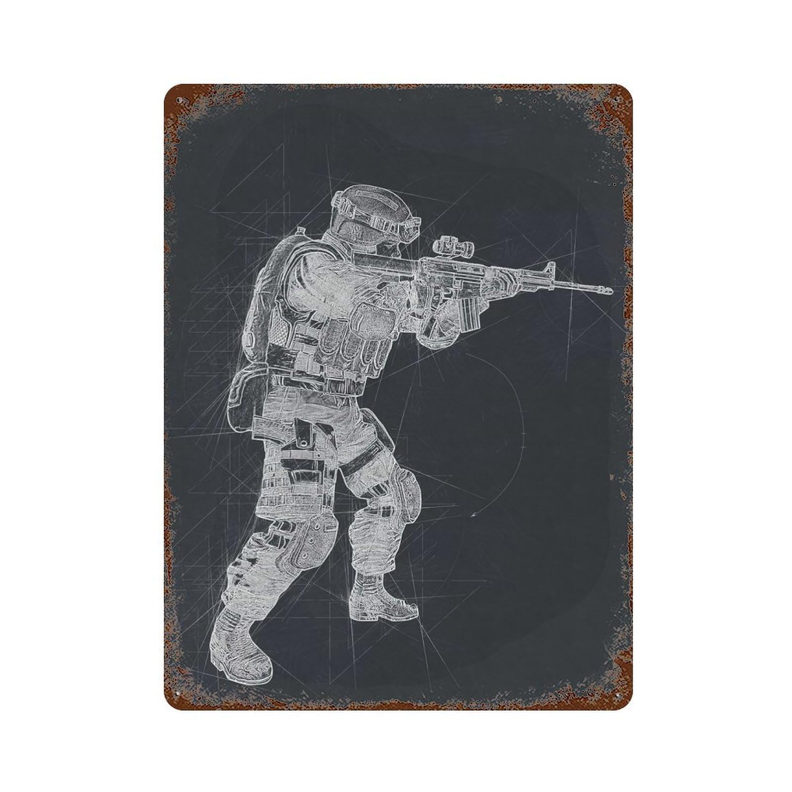 Vintage Rust Metal Sign with Military Drawing Design 15.7"x11.8", for Shed, Workshop And Garage Wall Decor, Classic Wall Plaque
