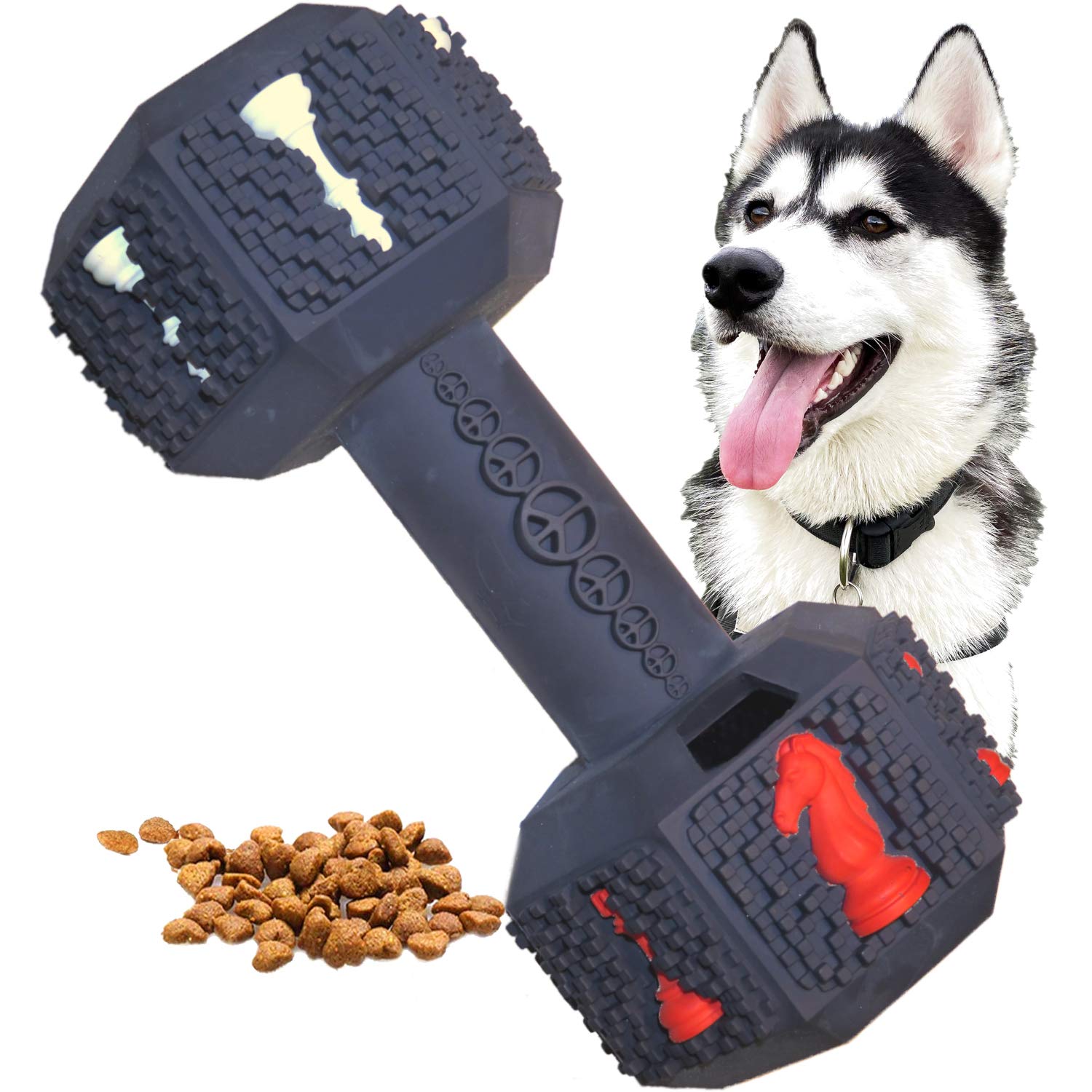 Pet-FunLarge Dumbbell - Durable Rubber treat dispenser boredom puzzle toy, Tough&Flexi Teething Cleaning Chew, Long Lasting Feeder for Medium/Large Dog/Puppy Average Chewers(Blue)