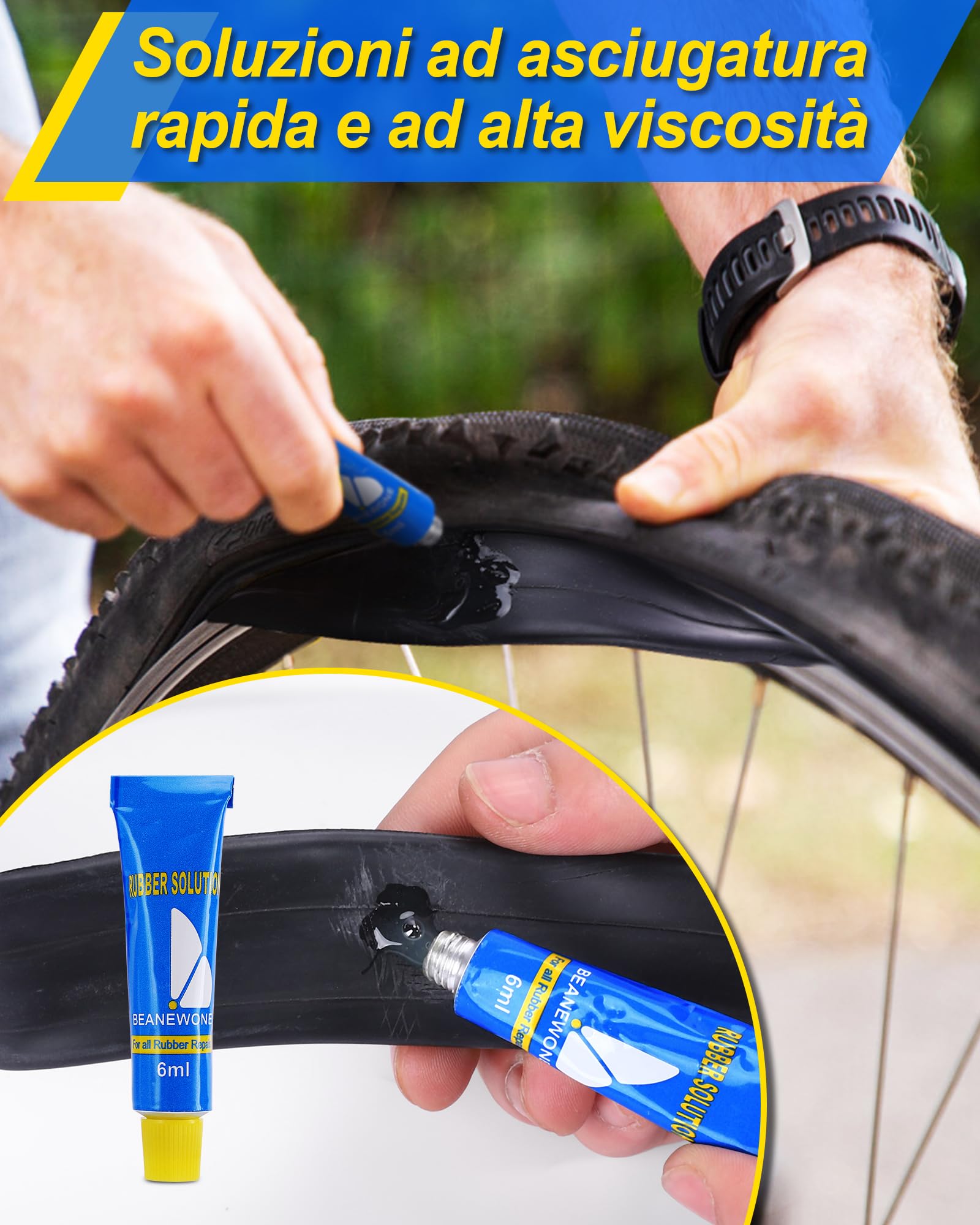 Beanewone Kit Riparazione Bici, Kit Riparazione Pneumatici Bici con 18 Toppe, 2 Soluzioni in Gomma, Barra per Pneumatici e Lima in Metallo - Adatto per Biciclette, Moto e Camere d'Aria Gonfiabili