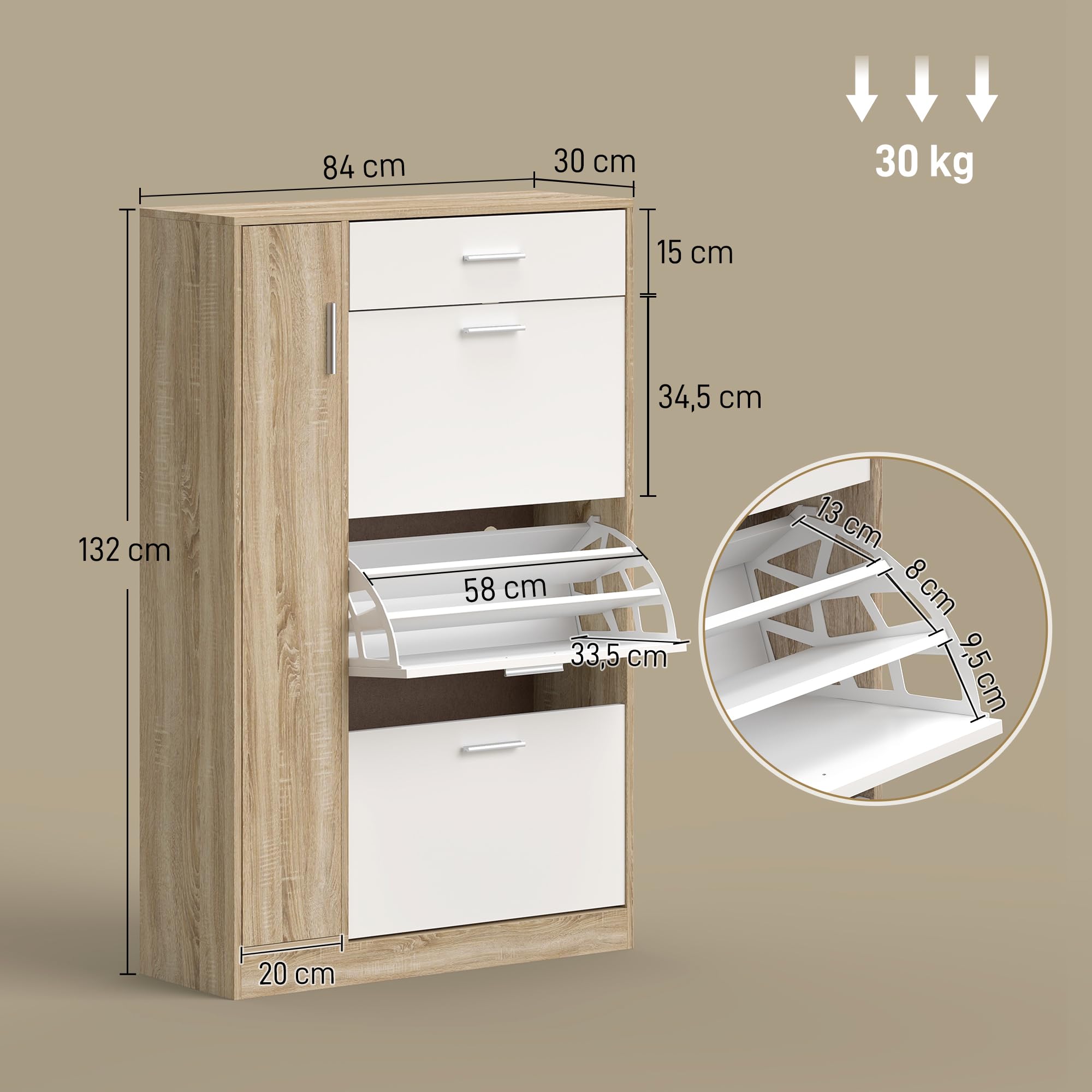 HOMCOM Mueble Zapatero de 3 Puertas para 18-27 Pares de Zapatos Zapatero Moderno con Cajón y Puerta para Salón Entrada Dormitorio 84x30x132 cm Natural