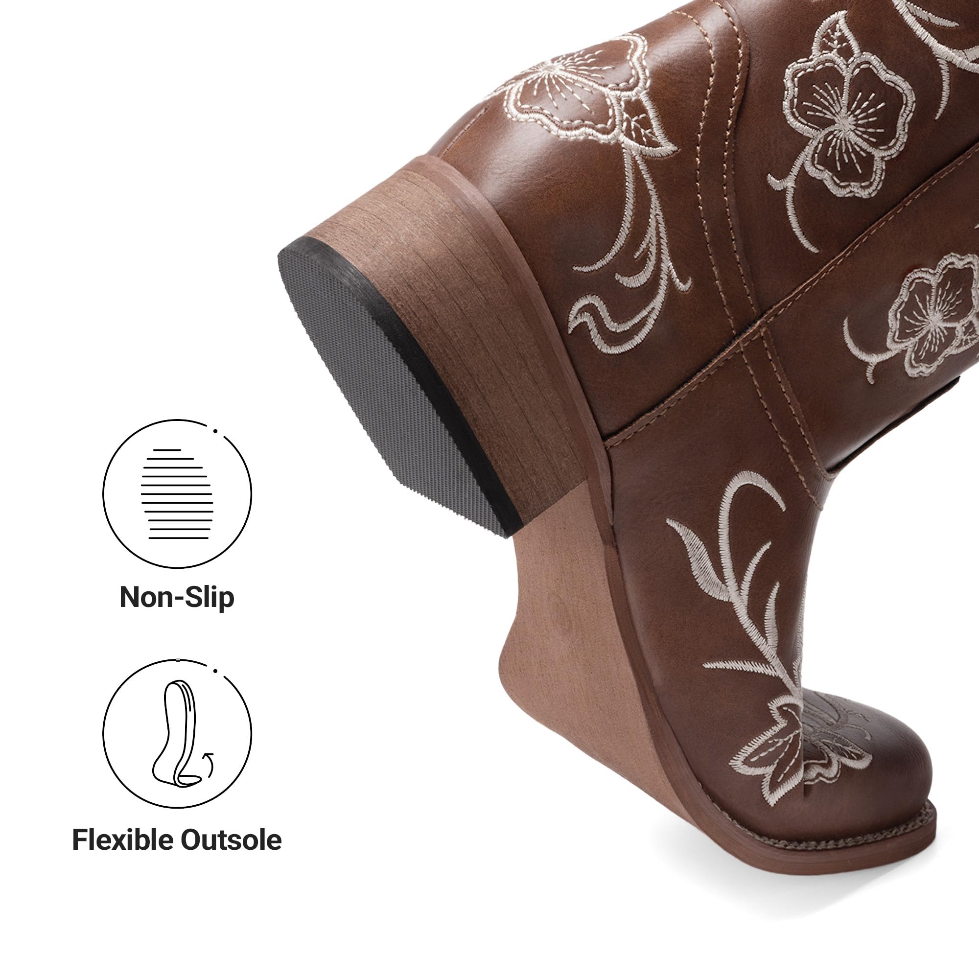 DREAM PAIRS Stivali da cowboy da donna con punta quadrata ricamata, tacco basso grosso, stile western, per festival di musica country, feste a tema e concerti, Marrone, 39.5 EU