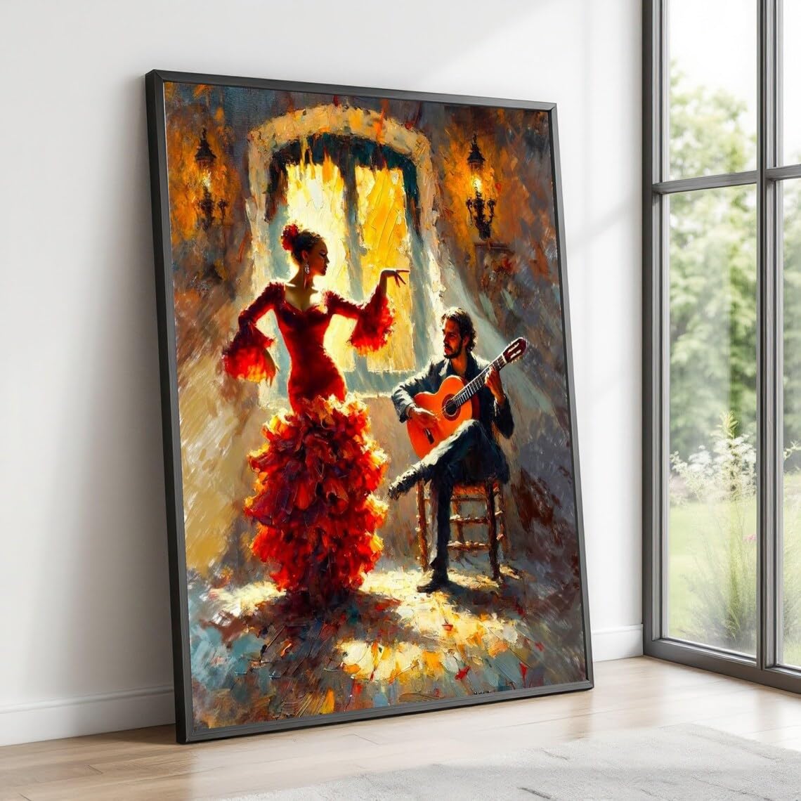 XINBAO Flamenco Dance Scene Canvas, Guitar Music Canvas Wall Art, Red Dress Painting, Mediterranean Home Decor, Ready to Hang(21x30cm/Frameless)