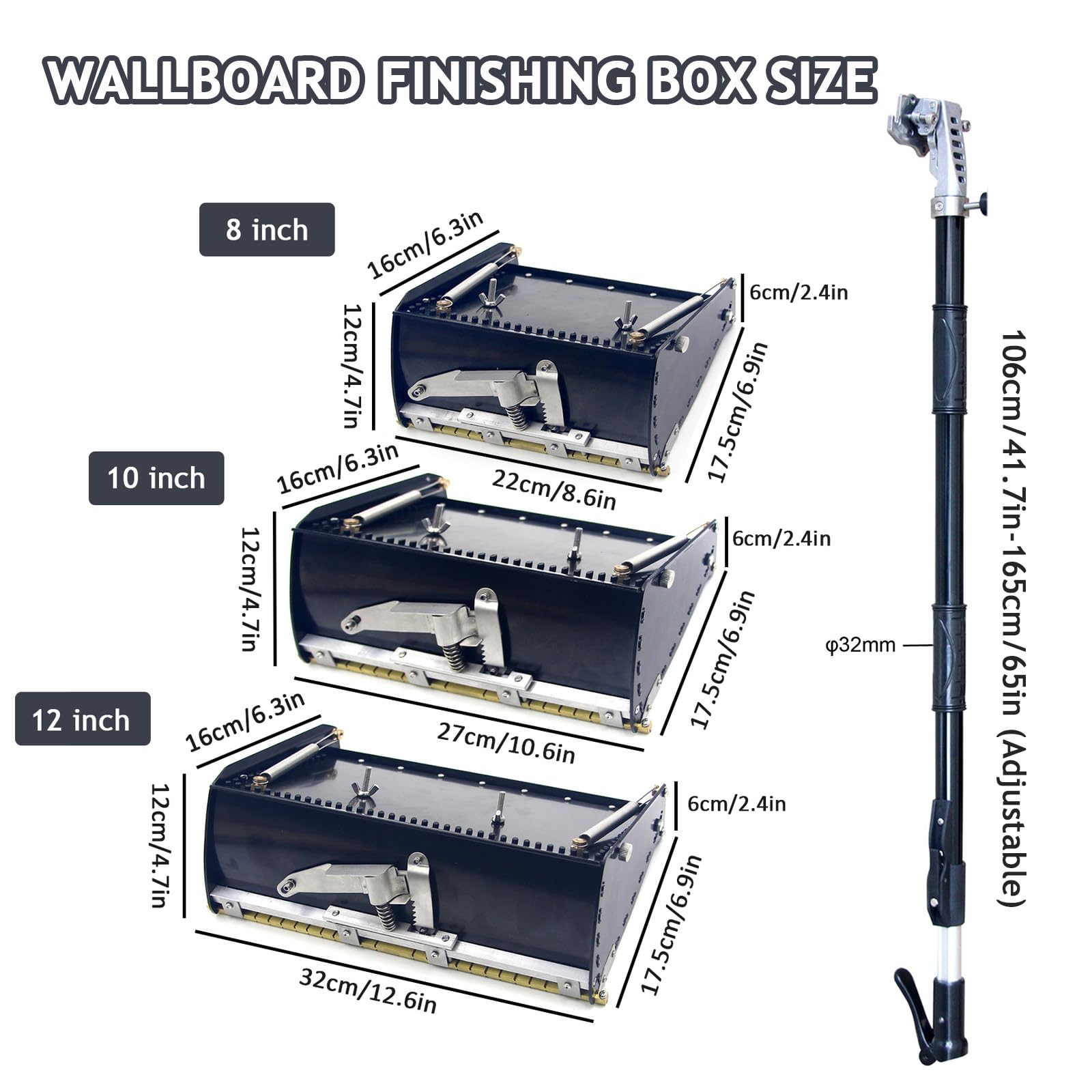 Caja de Acabado Plana para Paneles de Yeso de 8", 10" y 12" con asa Extensible de 42" a 65", Caja de Aluminio para Acabado de Placas de Yeso y Placas de Yeso,8in