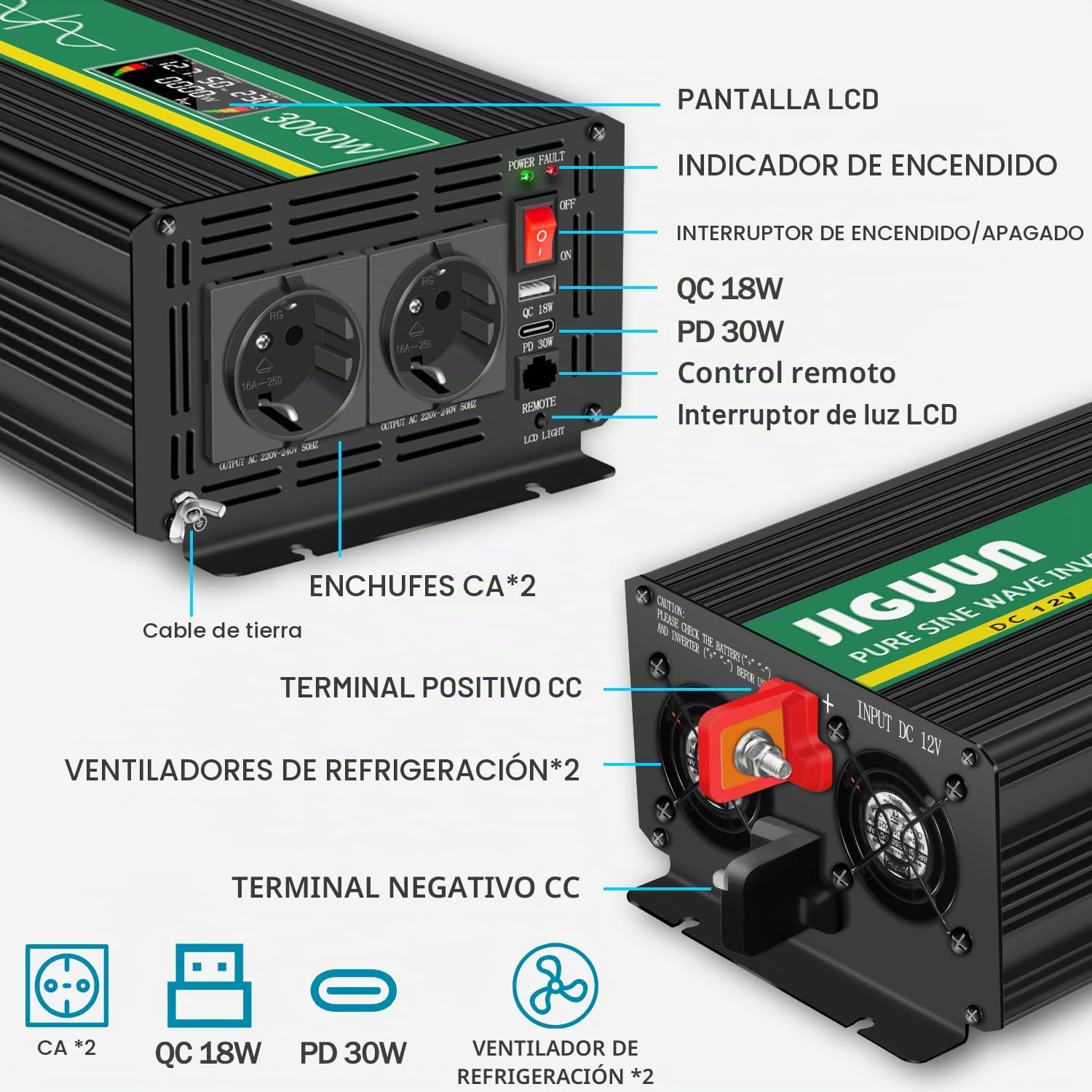 JIGUUN 3000W Inversor 12V 220V Onda Pura Convertidor Inverter con 2 Tomas UE y un USB ，Mando a Distancia e indicador LCD，Potencia máxima 6000W para RV, Viajes, emergencias (3000W12V-P)
