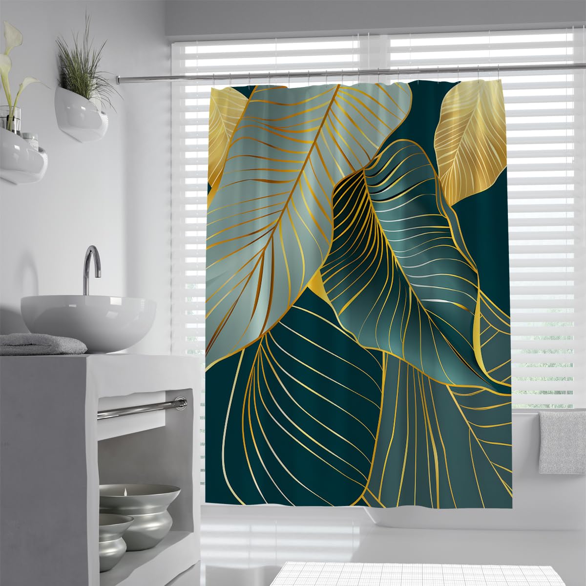 UIRINGART Luxury Bathroom Bathtub Curtains W100xL200cm Tropical Palm Banana Leaves Teal Dark Green Yellow Lines Botanical Plant Pattern With Hooks Polyester Fabric Shower Curtain