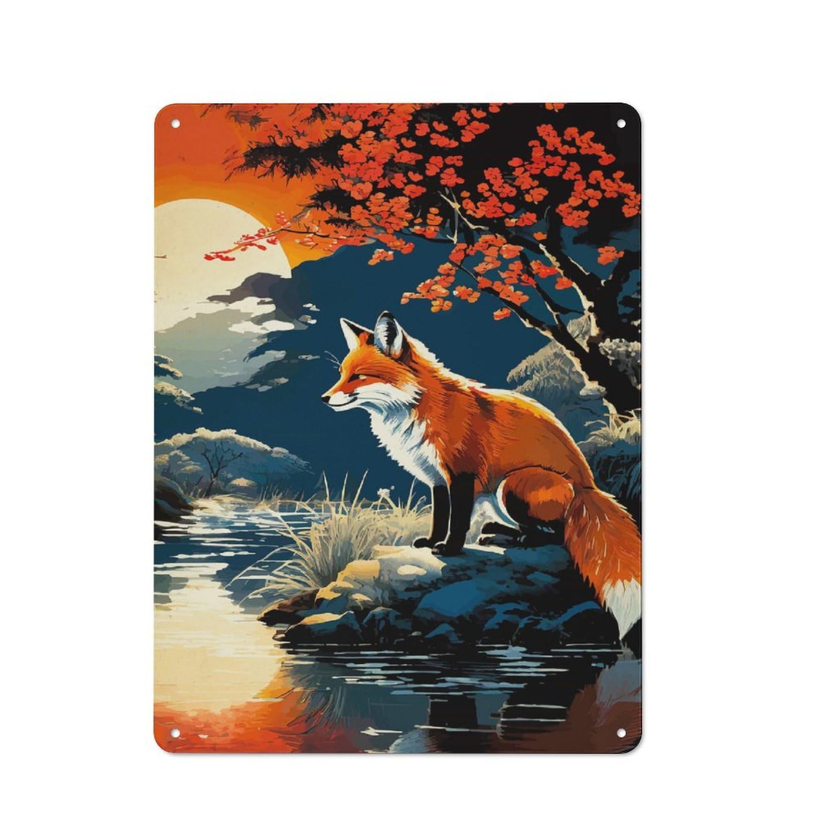 Metal Wall Sign with Wolf Moon Landscape Design 40x30cm, Modern Retro Urban Room Decor for Workspace, Cafe, Hallway Or Garage