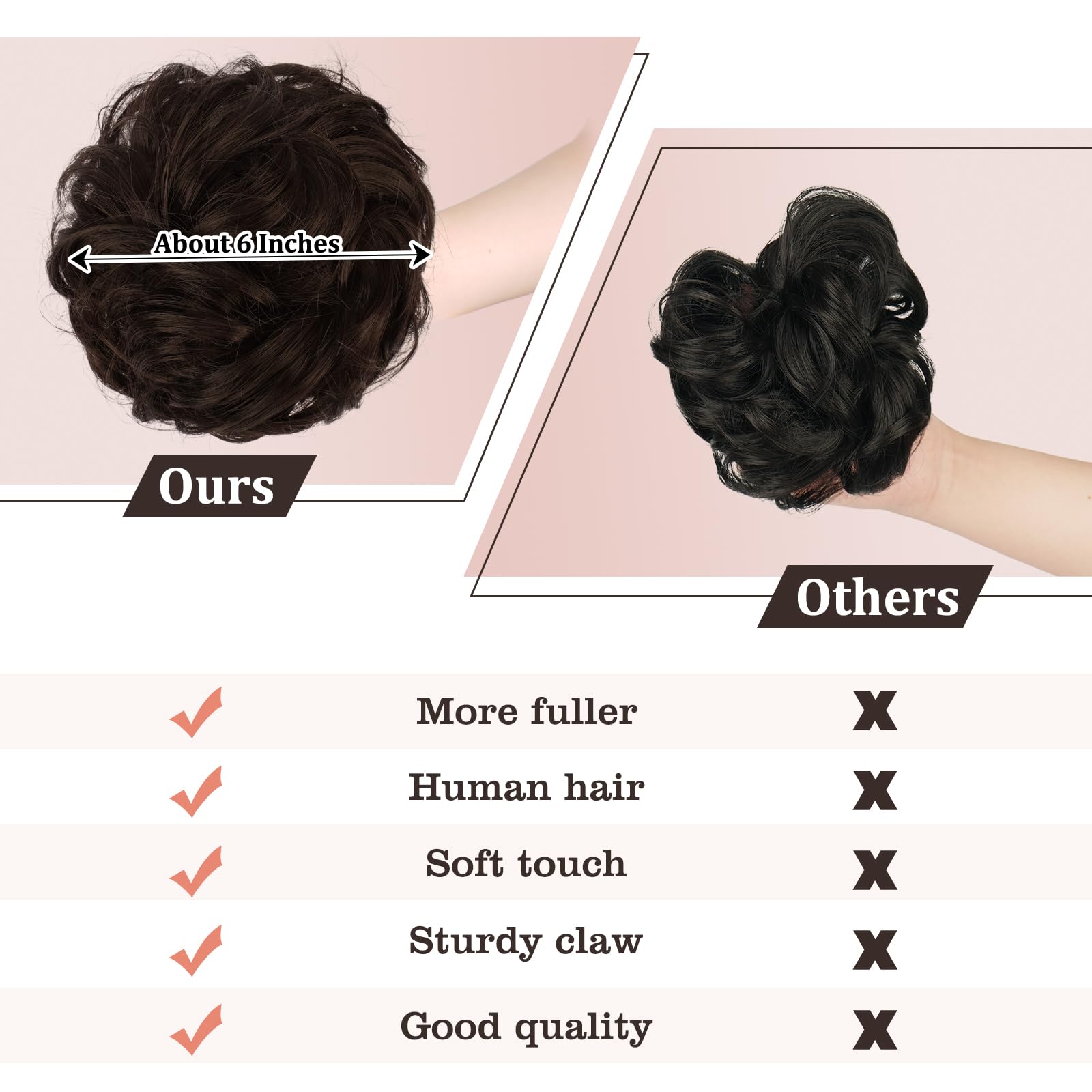 RUWISS Chignon en Cheveux Humains, 100% Cheveux Humains Ondulés Bouclés Chignon Postiche Cheveux avec Pince, Extensions de Cheveux Naturels à Clips Messy Bun - 40g Brun Foncé et Brun Clair