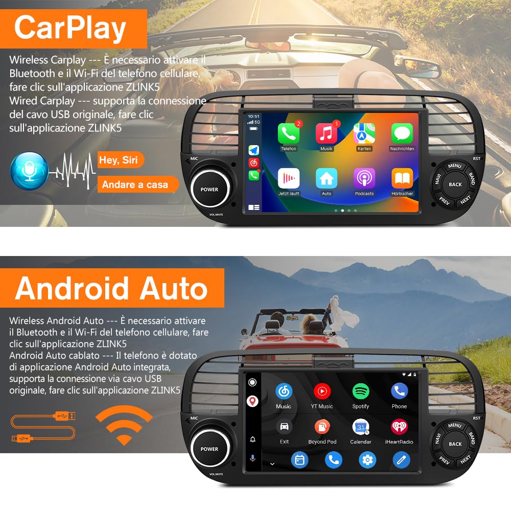 Autoradio per Fiat 500 (2007-2015) Android 13 Car Radio (2+64GB) con CarPlay Android Auto GPS BT Comandi al Volante FM RDS + Fotocamera Posteriore (Nero)